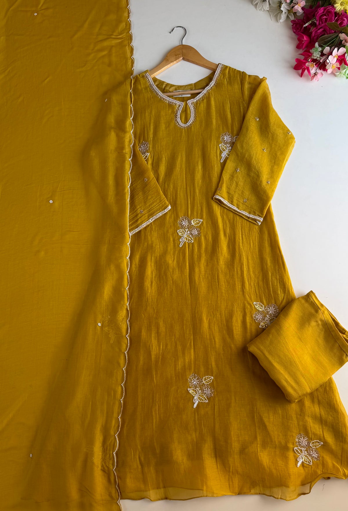 K582 - Mul chanderi handwork aline Kurti with pants and dupatta