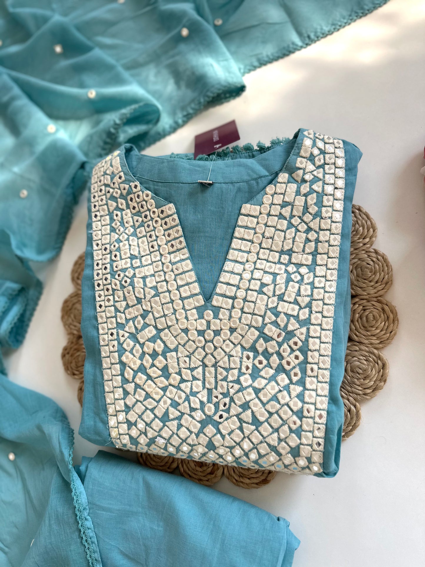 K116 - Mul mul cotton mirror work Anarkali with pants and dupatta in 2 colours