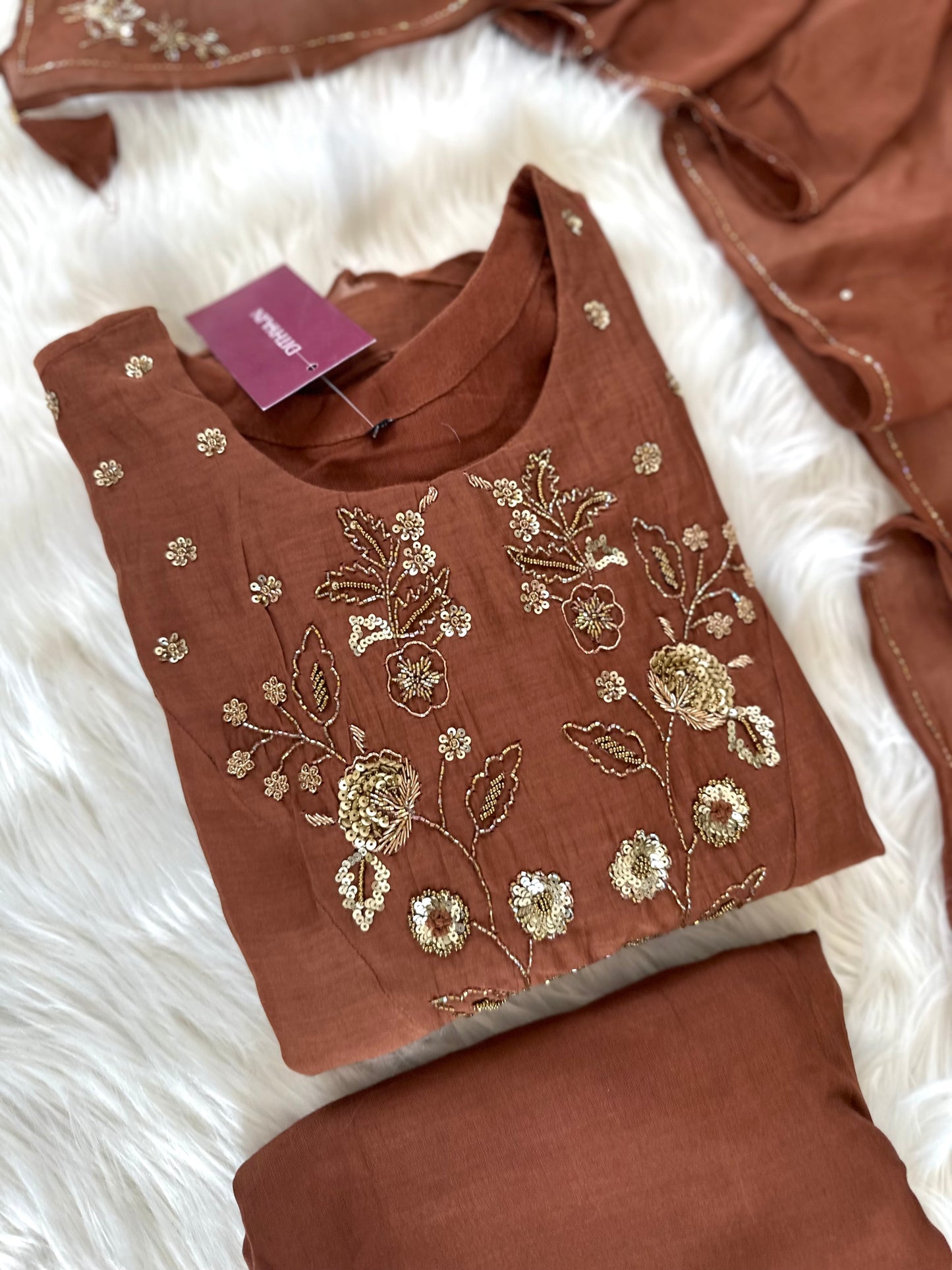 K223 - Mul Chanderi hand work Aline Kurti with pants and dupatta