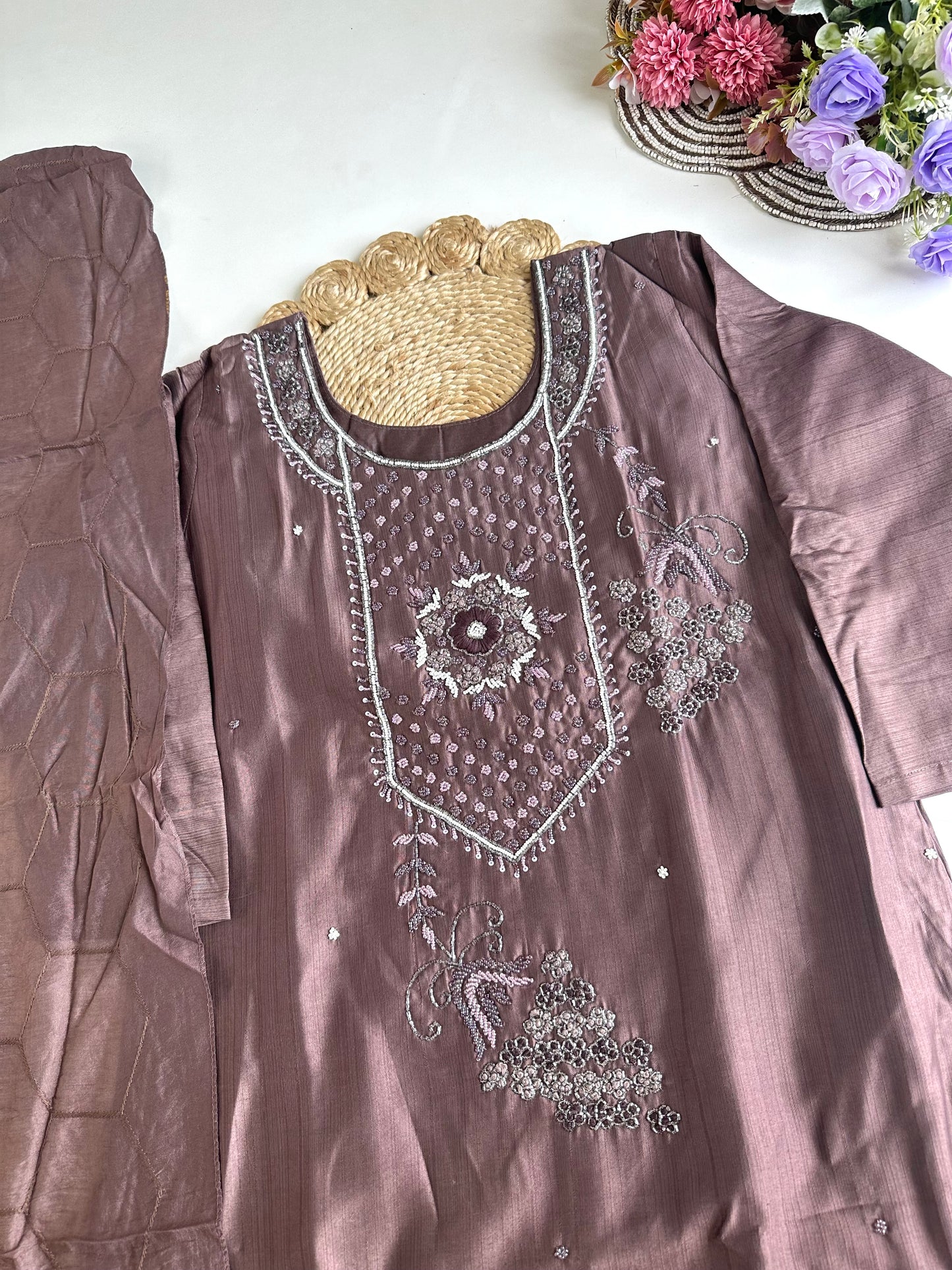 D055 -Russian silk straight kurti with pants and dupatta