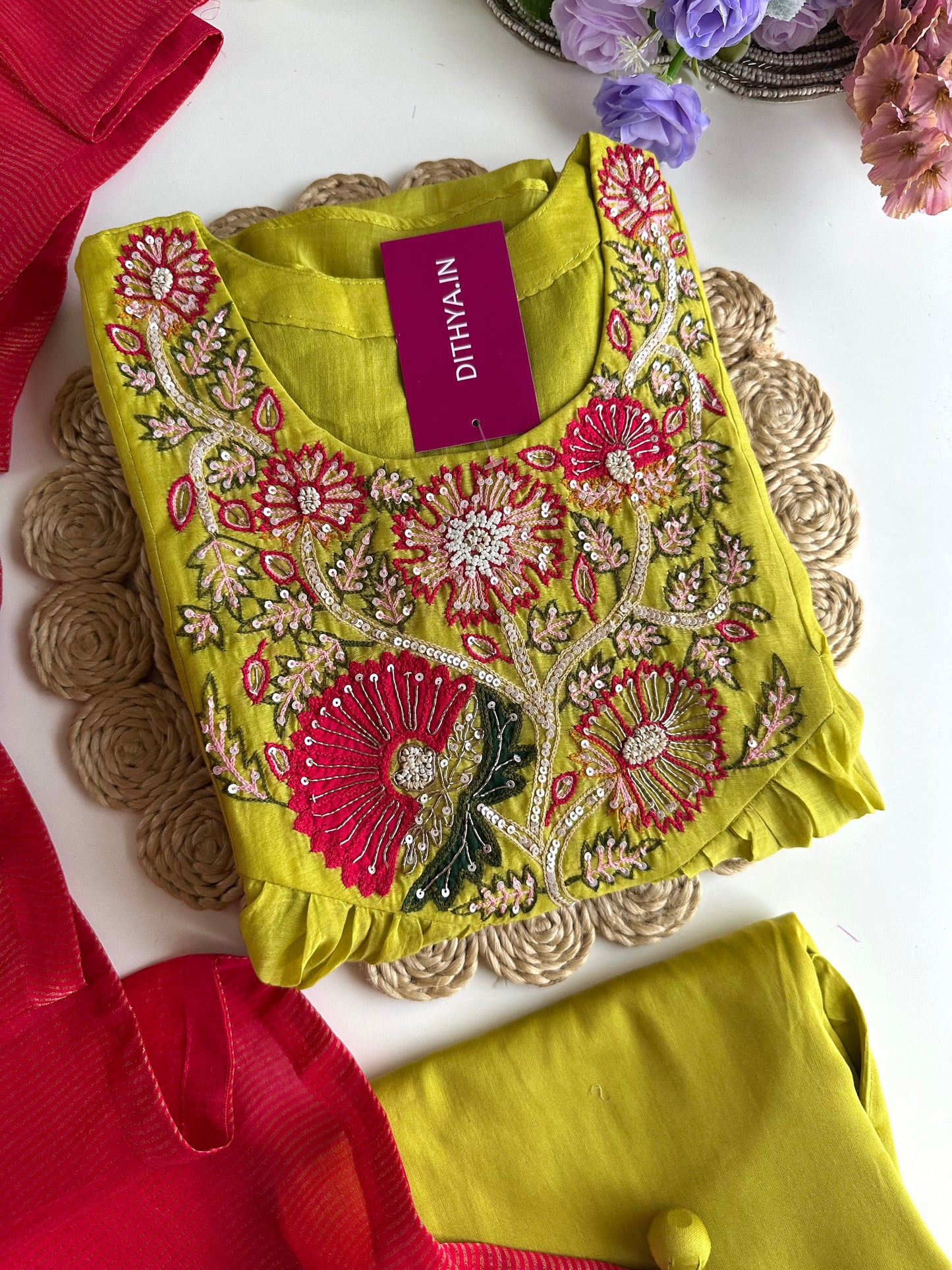 K148 - Mul Chanderi handwork Aline Kurti with pants and dupatta