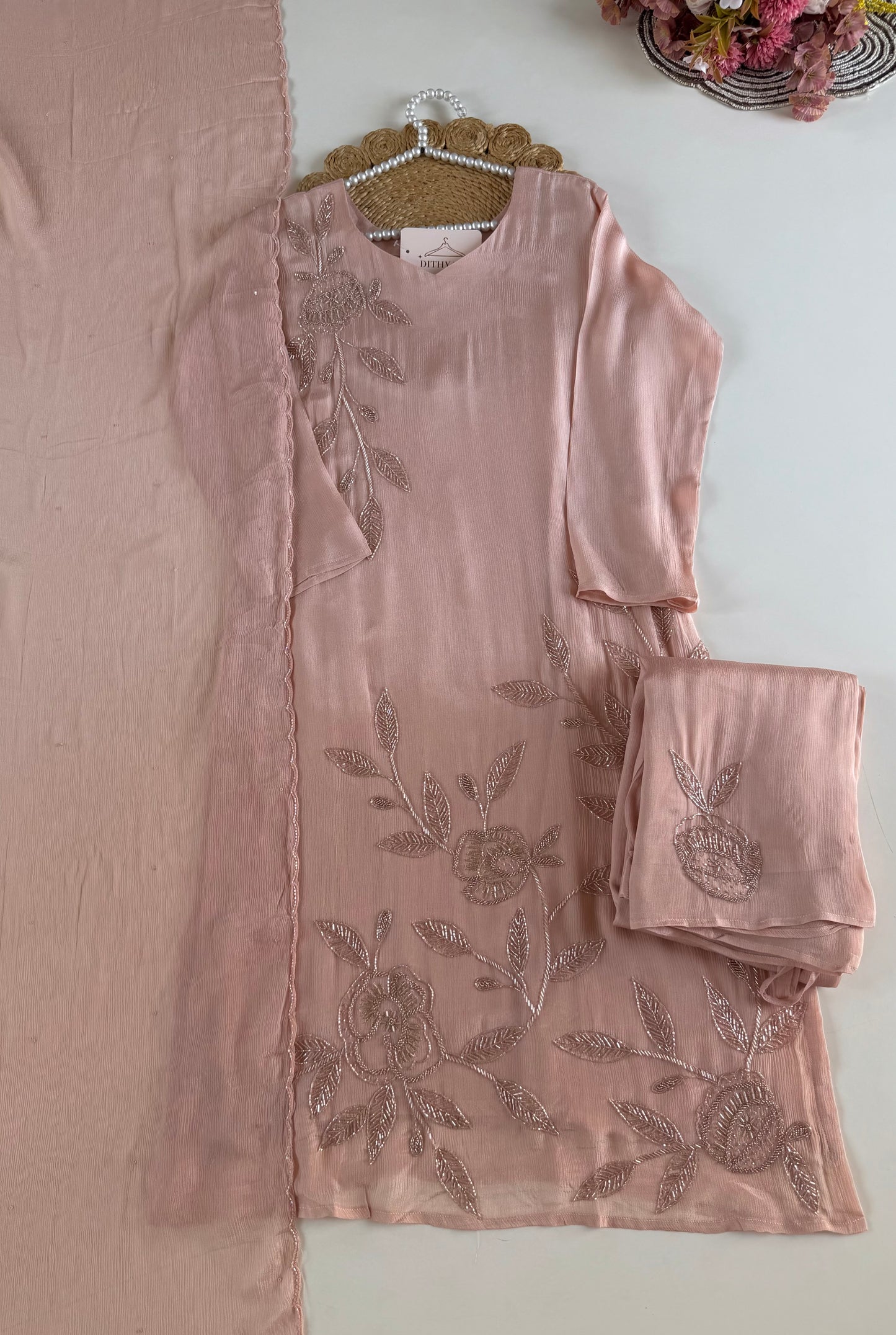 K476 - Pure Chinnon handwork aline Kurti with pants and dupatta