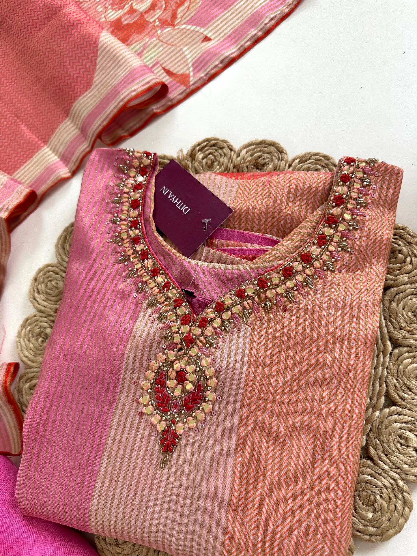 K221 - Tissue silk self weaving handwork straight Kurti with pants and dupatta in 2 prints