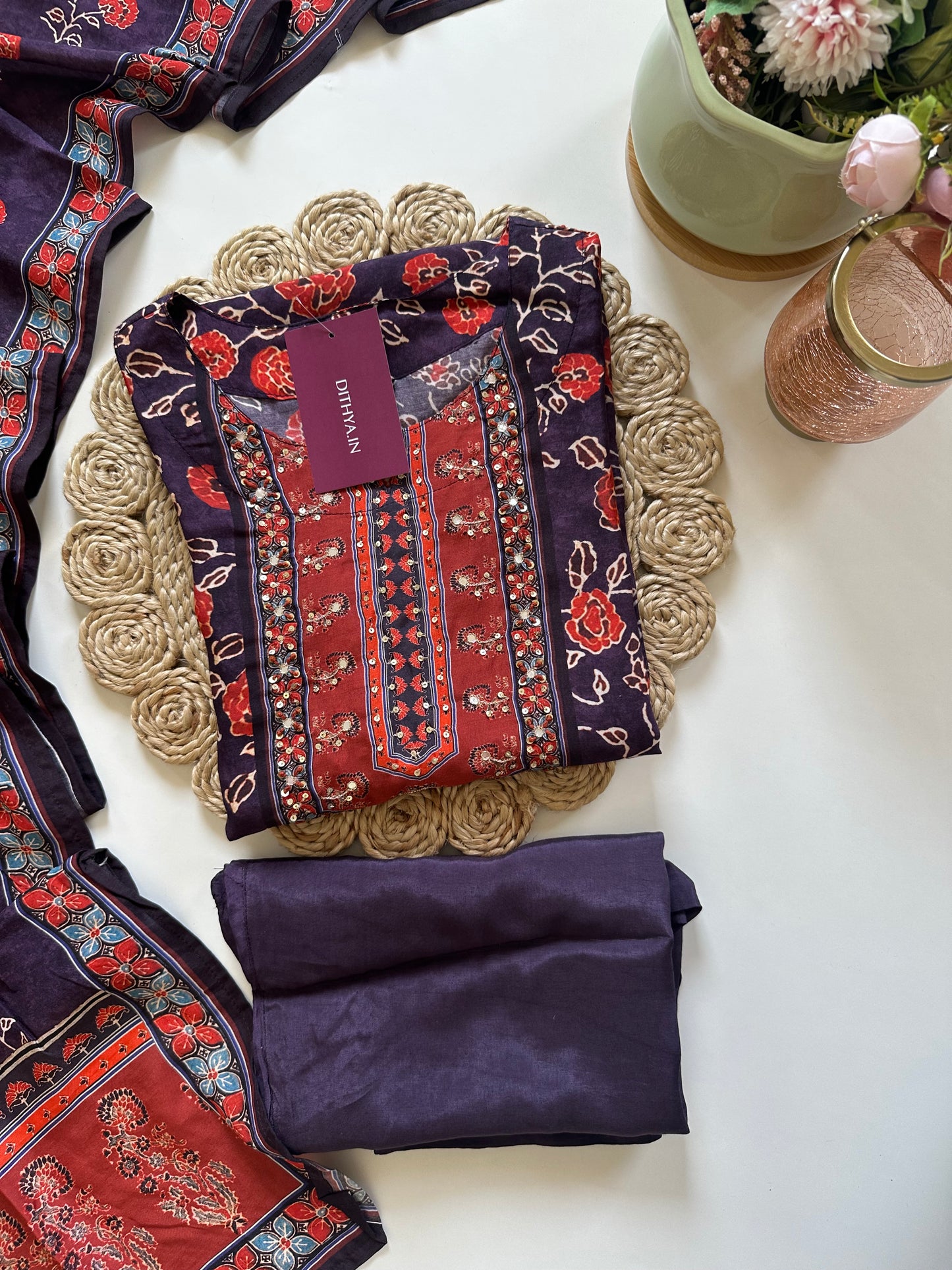 K081 - Muslin silk printed Straight kurti with pants and dupatta .