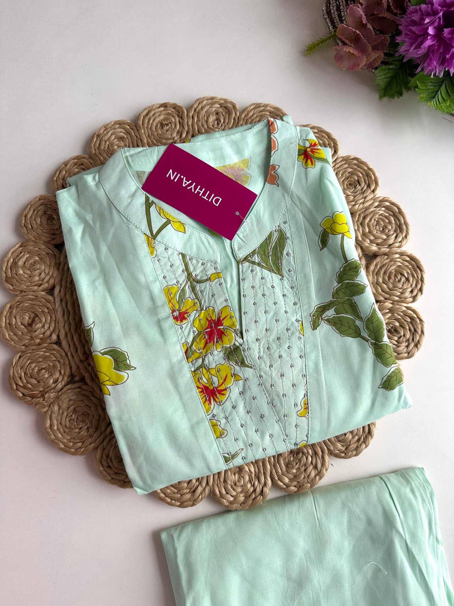 K414 - Cotton floral Aline Kurti with pants