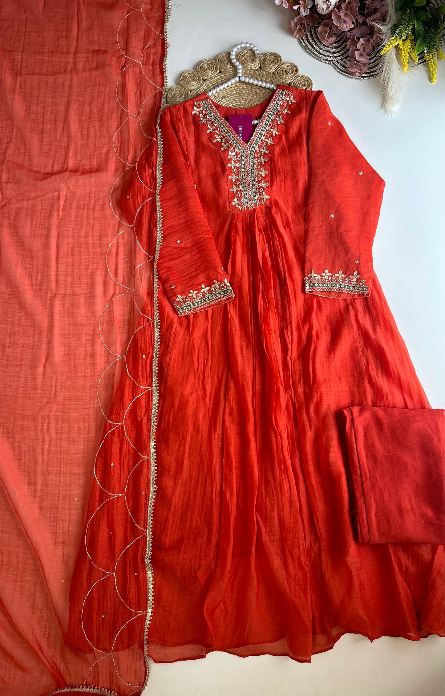 K069 - Mul chanderi handwork Aline Kurti with pants and dupatta