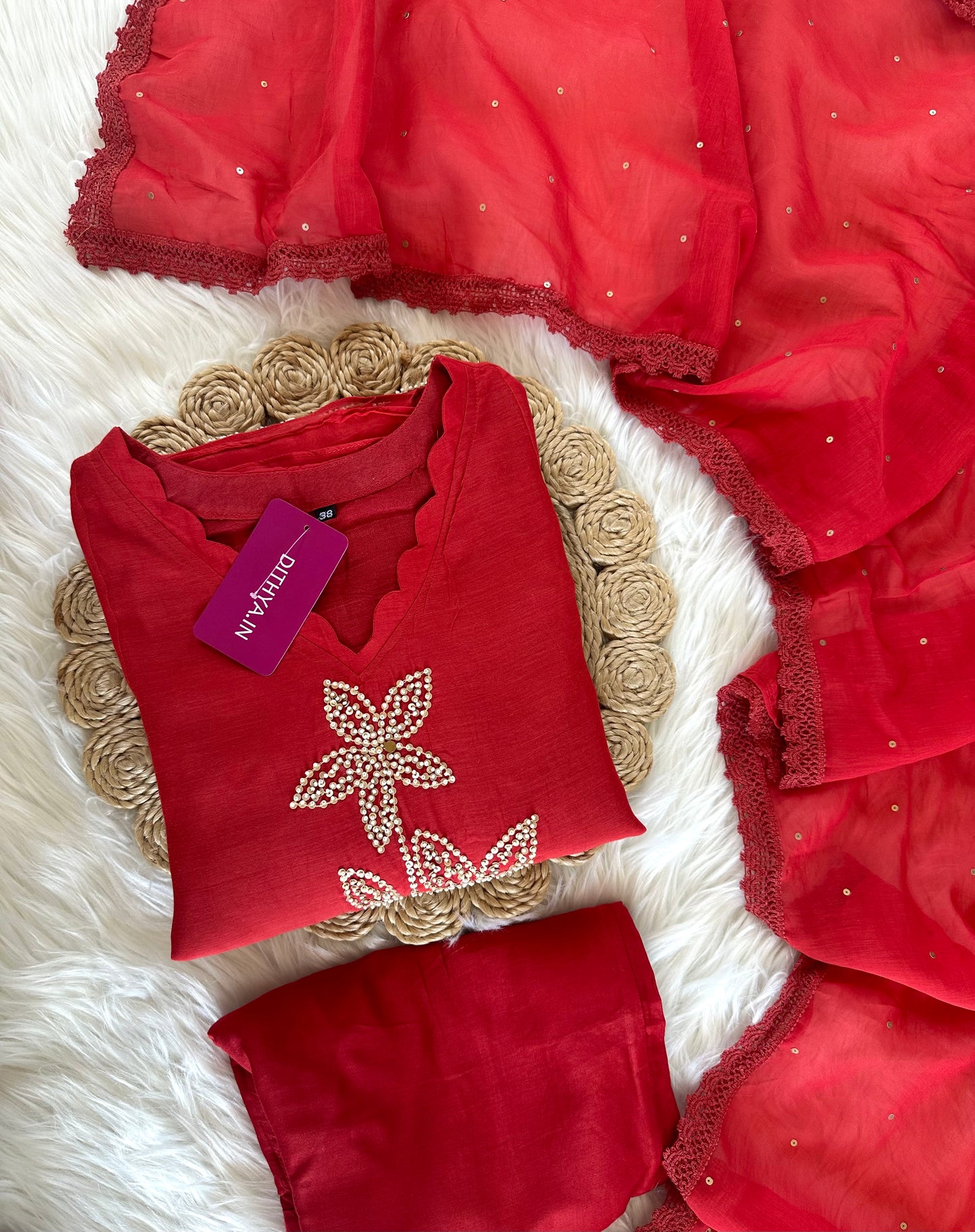 K382 - Mul Chanderi handwork Aline Kurti with pants and dupatta