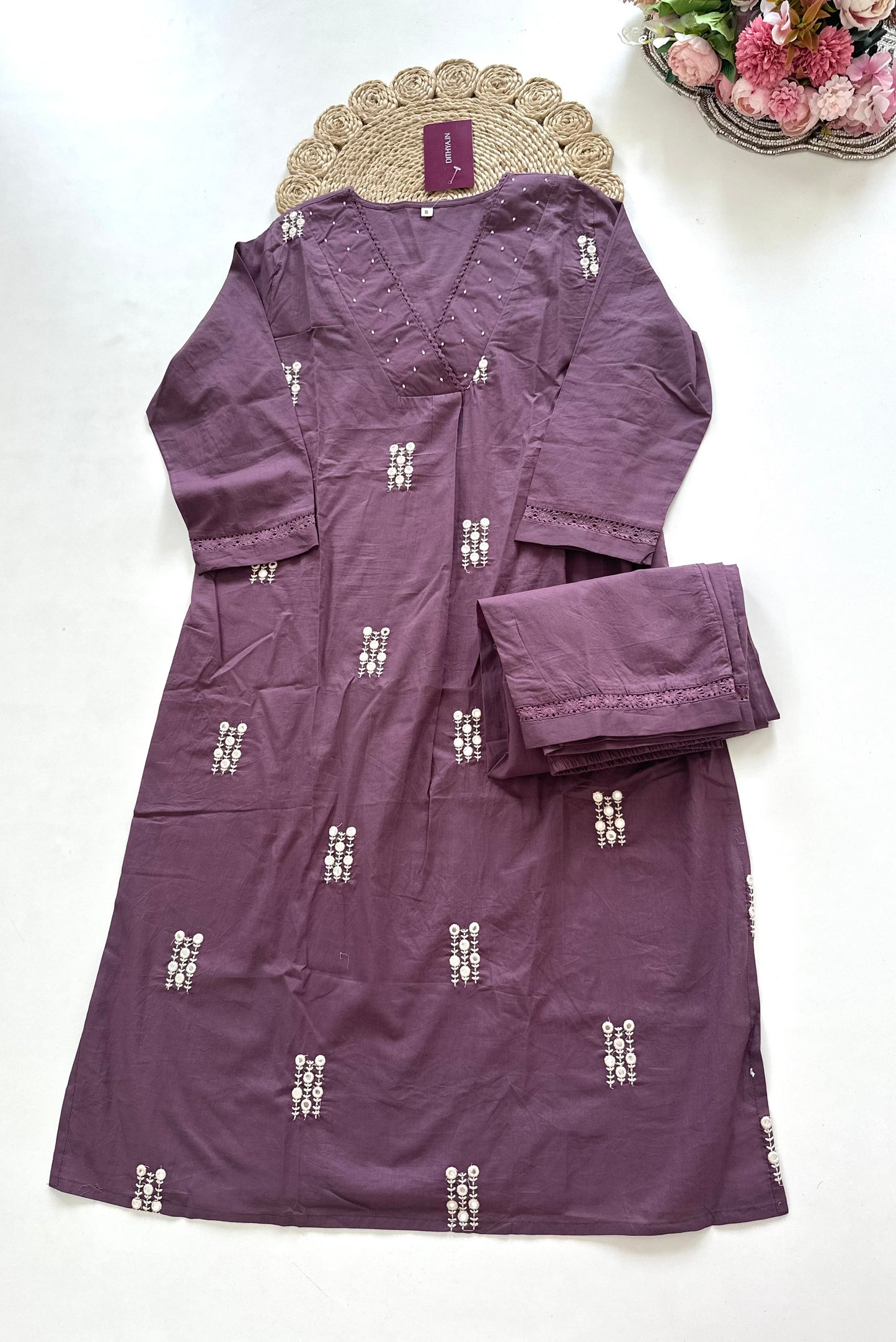 K104 - Cotton embroidered Aline Kurti with pants in 2 colours