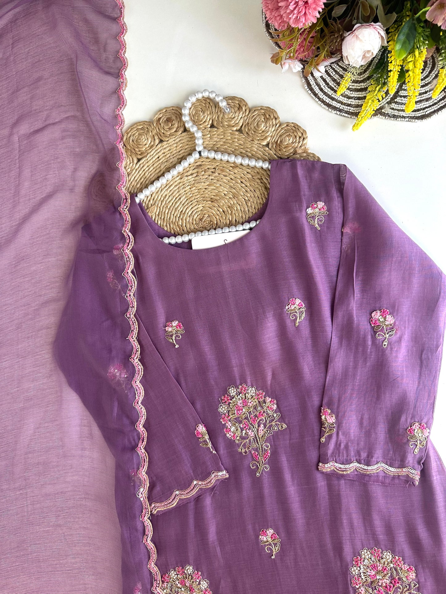 K469 - Mul chanderi handwork Aline kurti with pants and dupatta