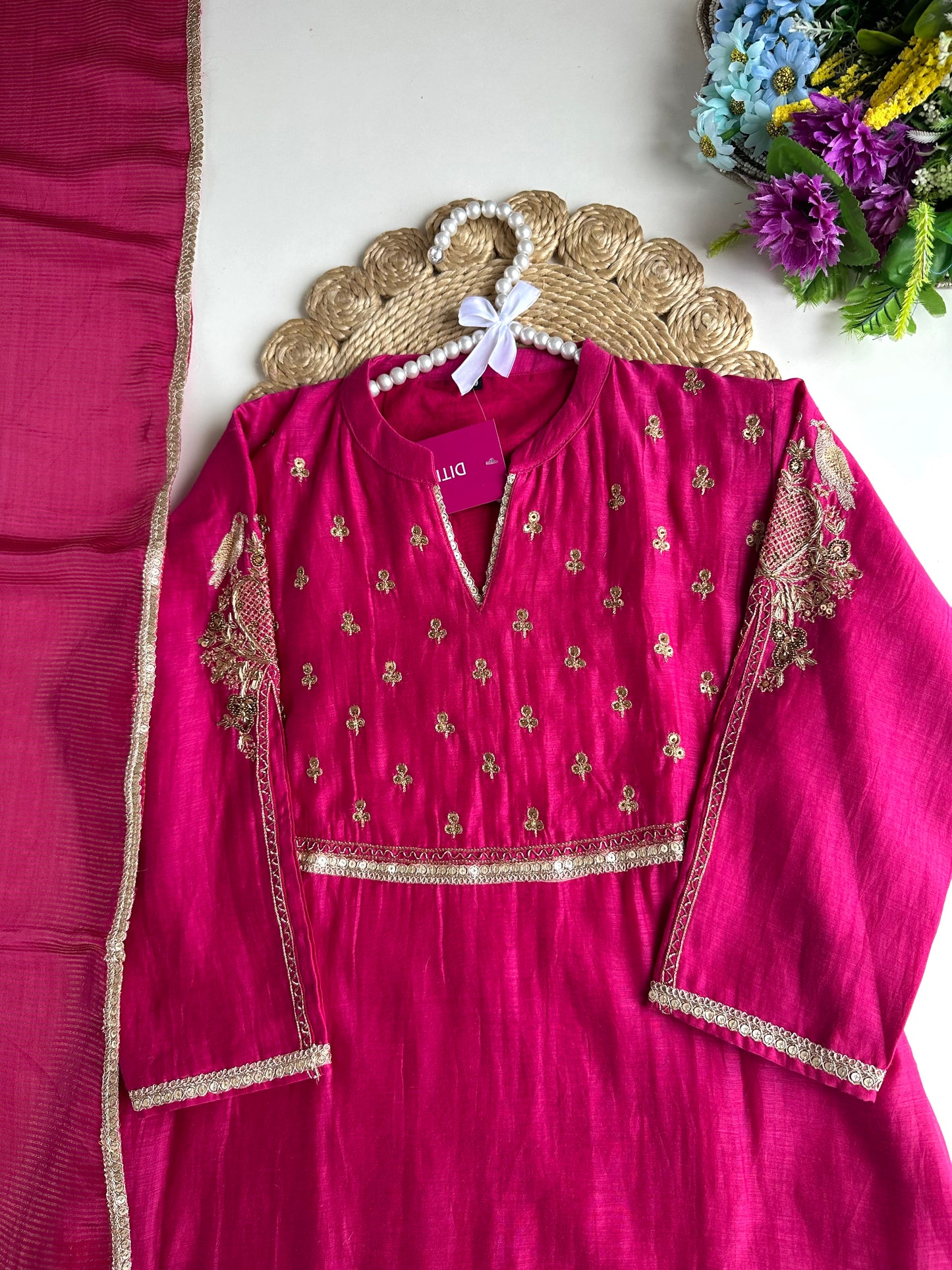 K013 - Mul Chanderi handwork Aline Kurti with pants and dupatta