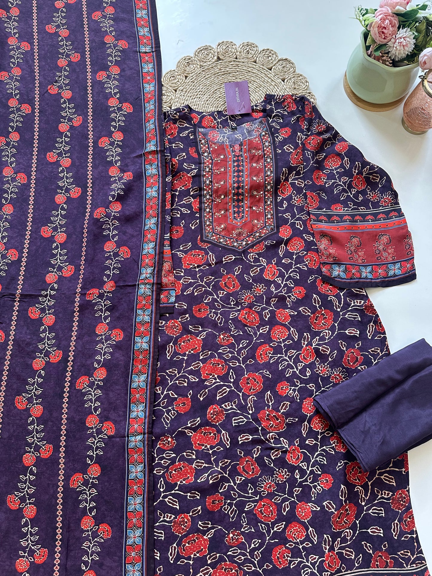 K081 - Muslin silk printed Straight kurti with pants and dupatta .
