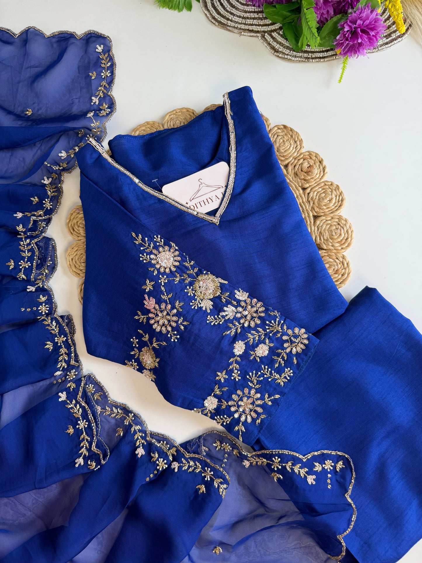 K544 - Russian silk handwork Aline Kurti with pants and dupatta