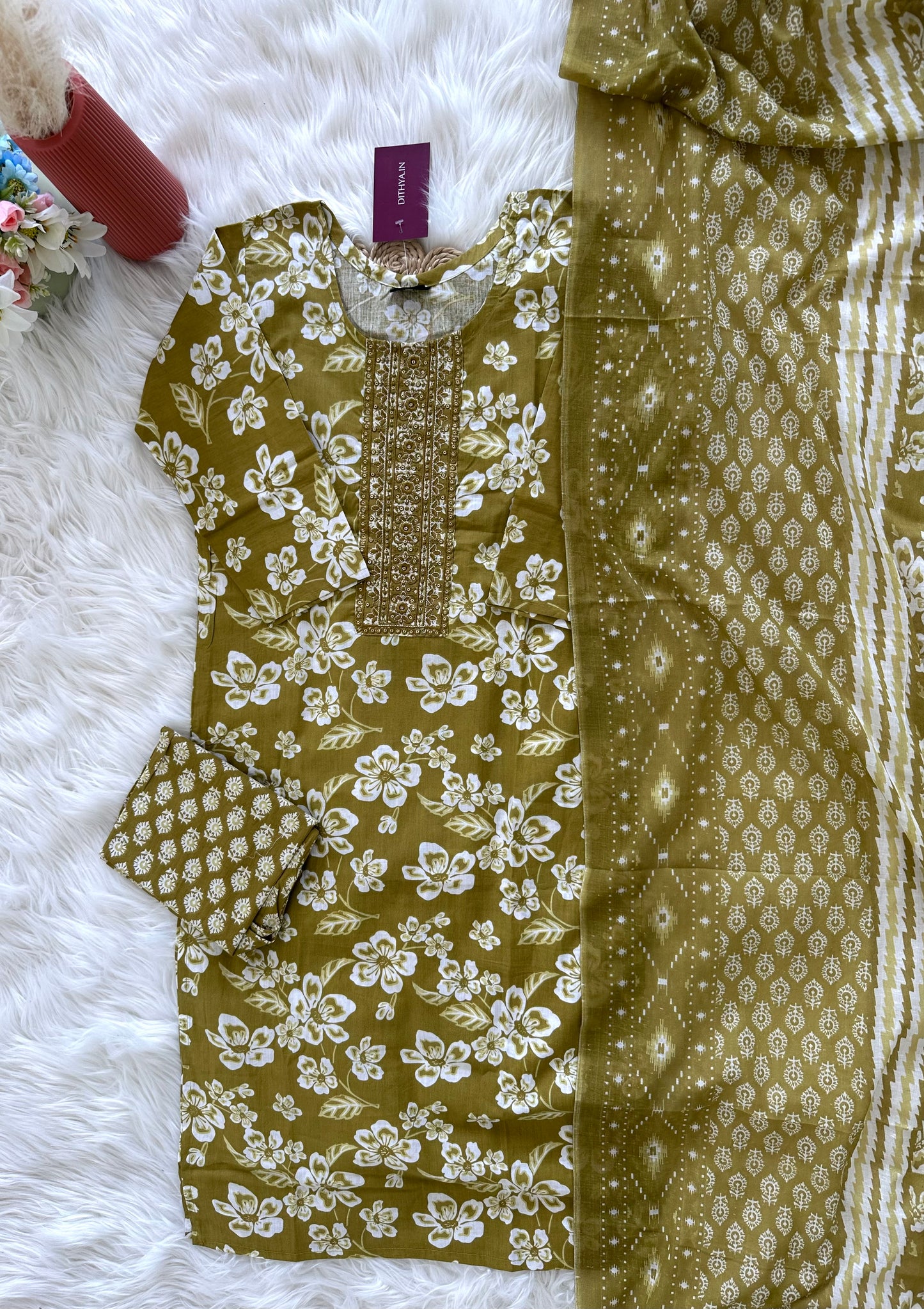 K383- Cotton Printed straight Kurti with pants and dupatta in 2 colours