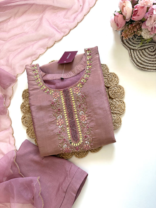 K043 - Handwork Tissue silk Anarkali with pants and dupatta