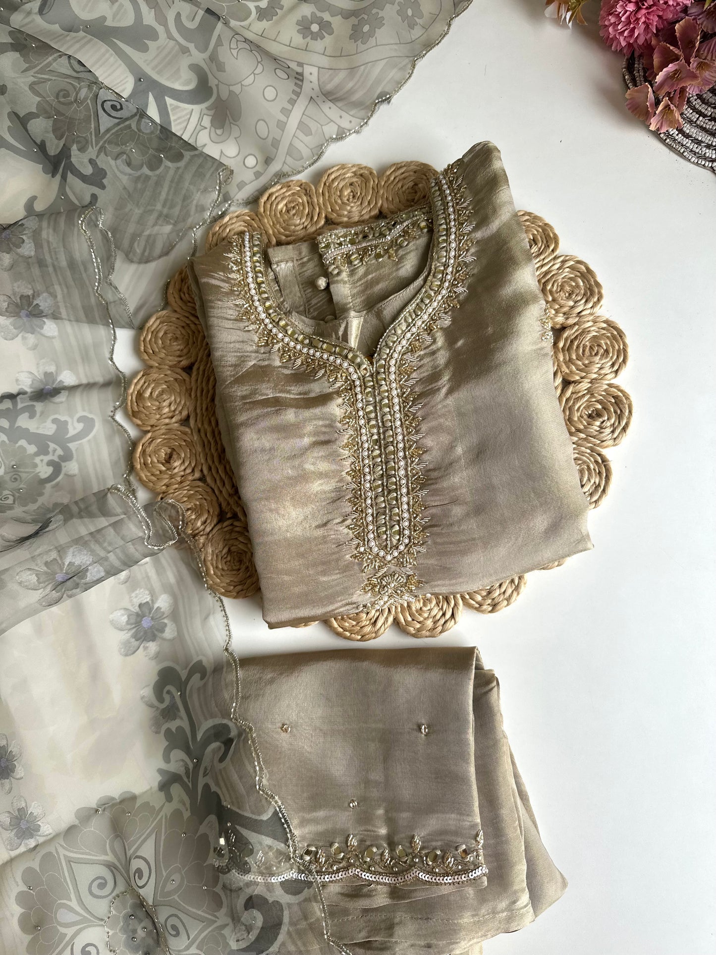 K475 - Tissue silk handwork straight Kurti with pants and dupatta