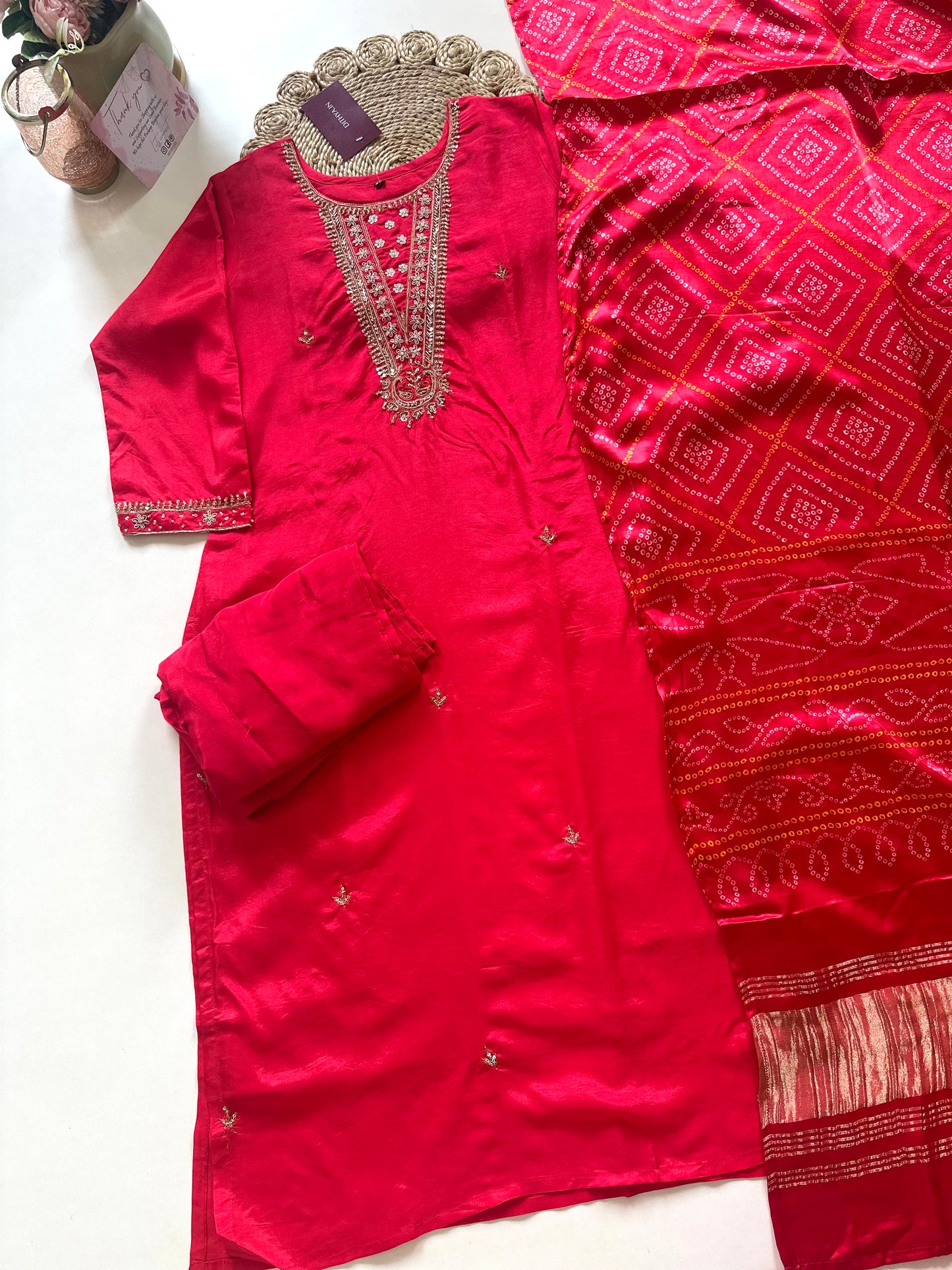 K079 - Gaji silk handwork straight kurti with pants and dupatta