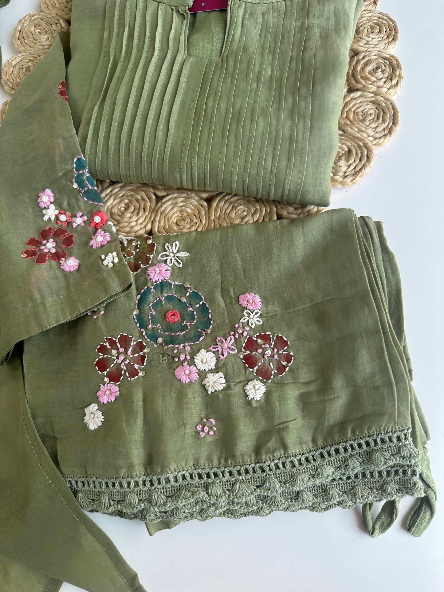 K423 - Mul Chanderi embroidered Aline Kurti with pants and dupatta
