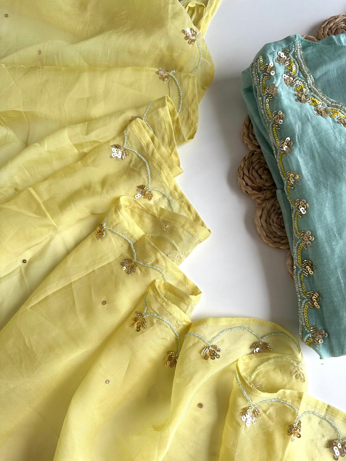 K360 - Mul Chanderi handwork Aline Kurti with pants and dupatta