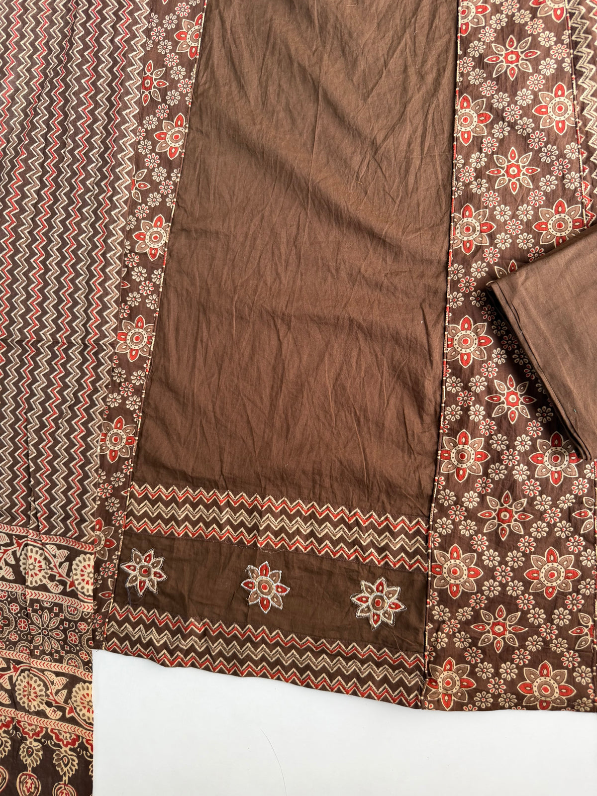 K076 - Mul cotton printed embroidered Aline Kurti with pants and dupatta