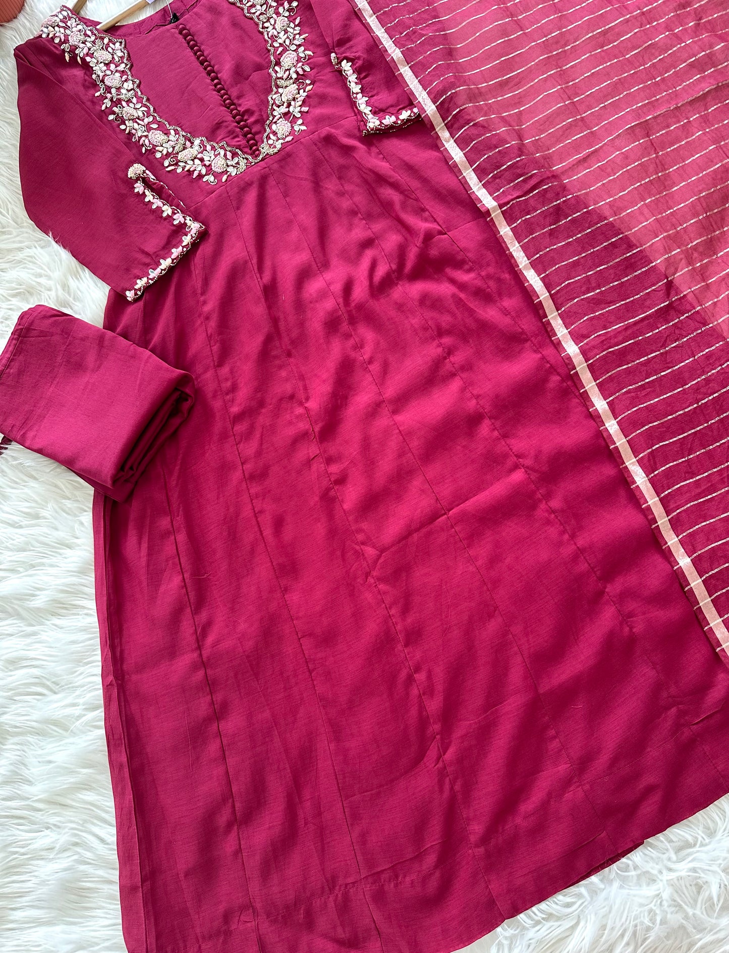 K235 - Mul chanderi handwork Aline Kurti with pants and dupatta