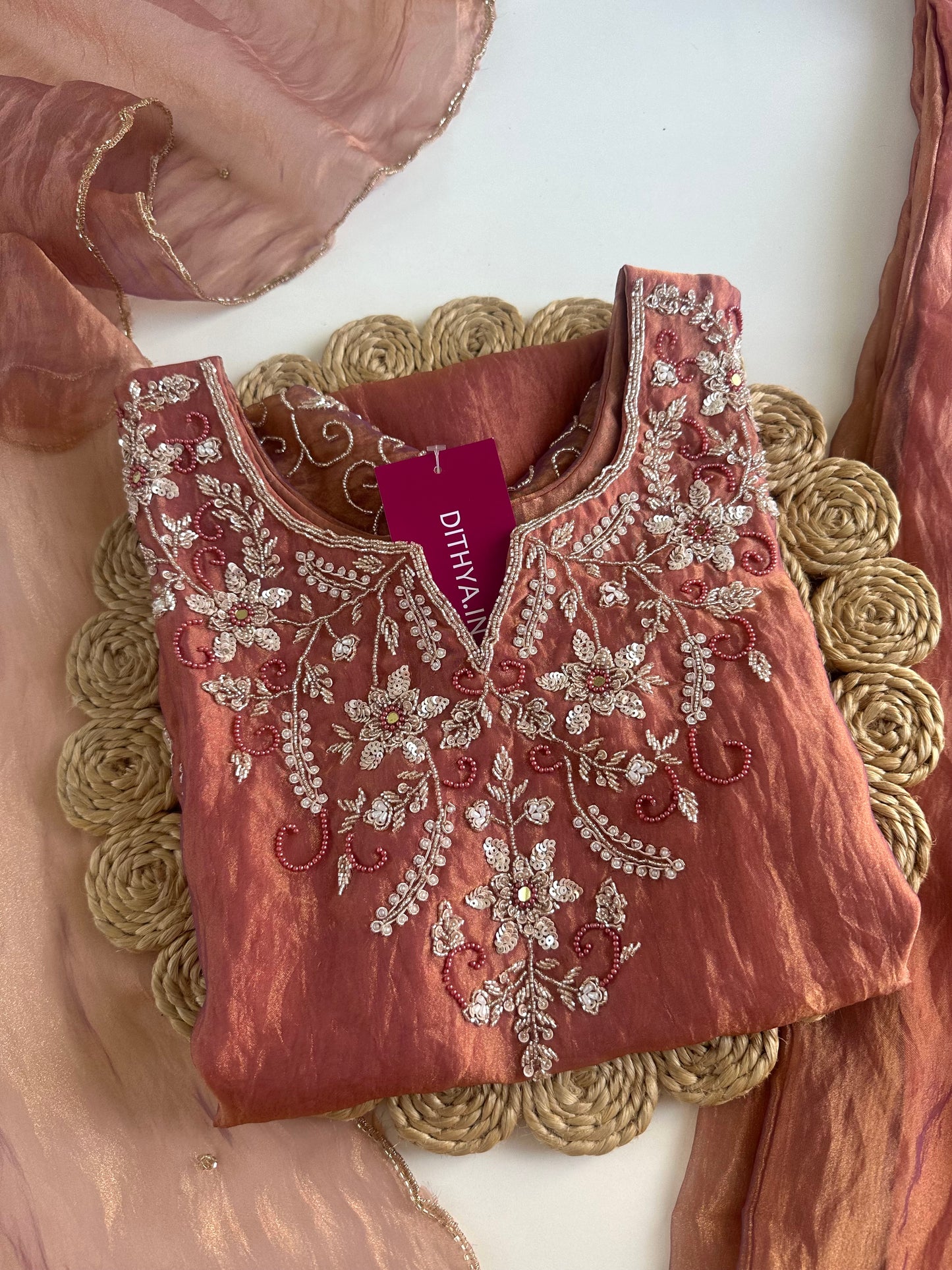 K180 - Tissue silk handwork short Kurti with palazzo and dupatta
