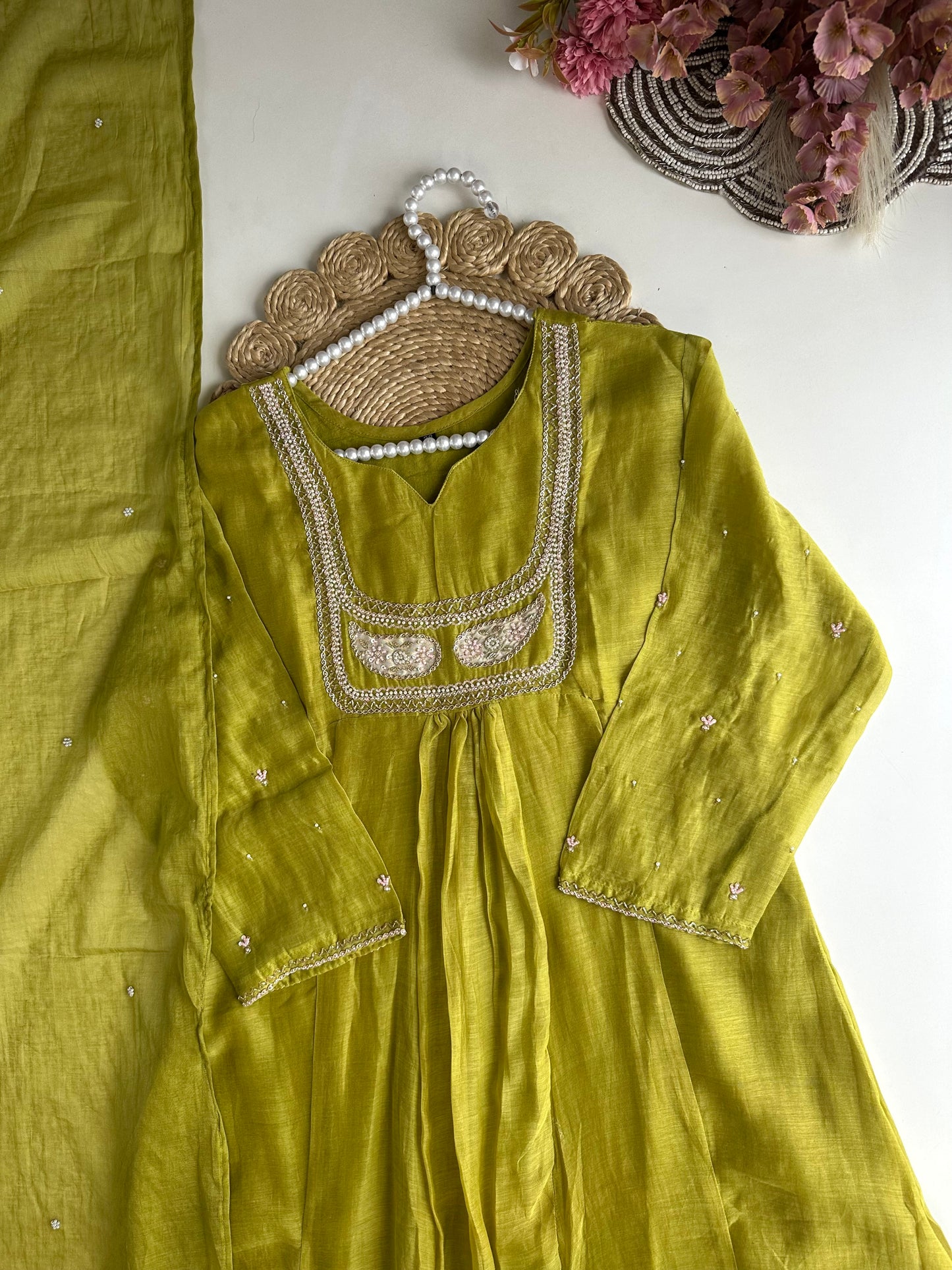K450 - Mul Chanderi handwork Anarkali with pants and dupatta