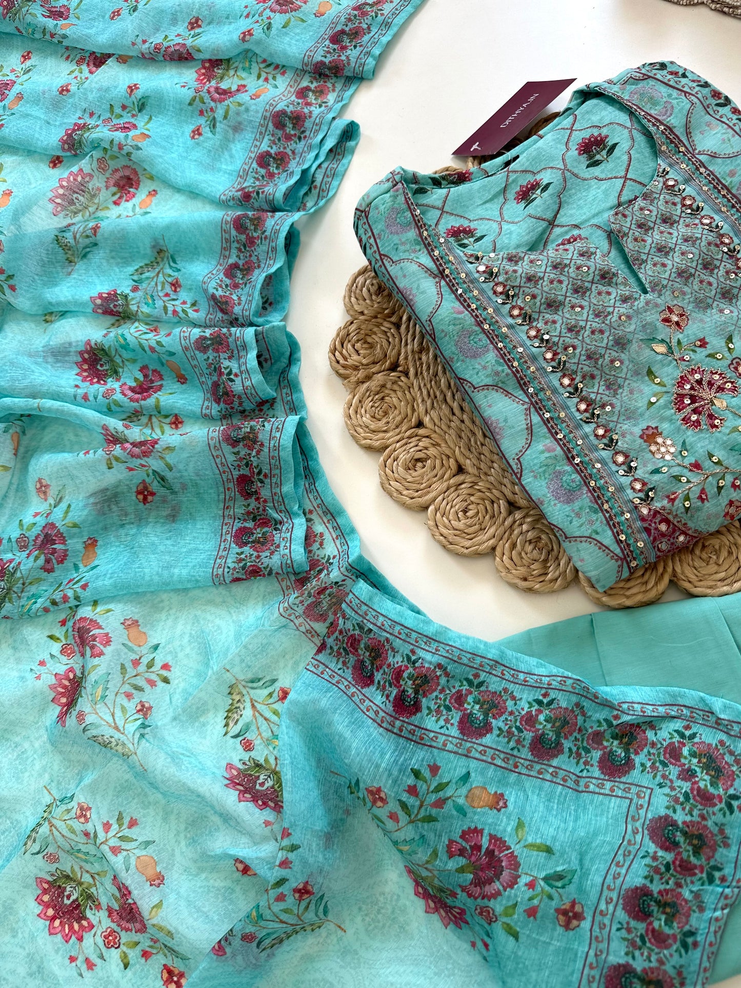 K027 - Soft chanderi handwork straight Kurti with  pants and dupatta in 2 colours