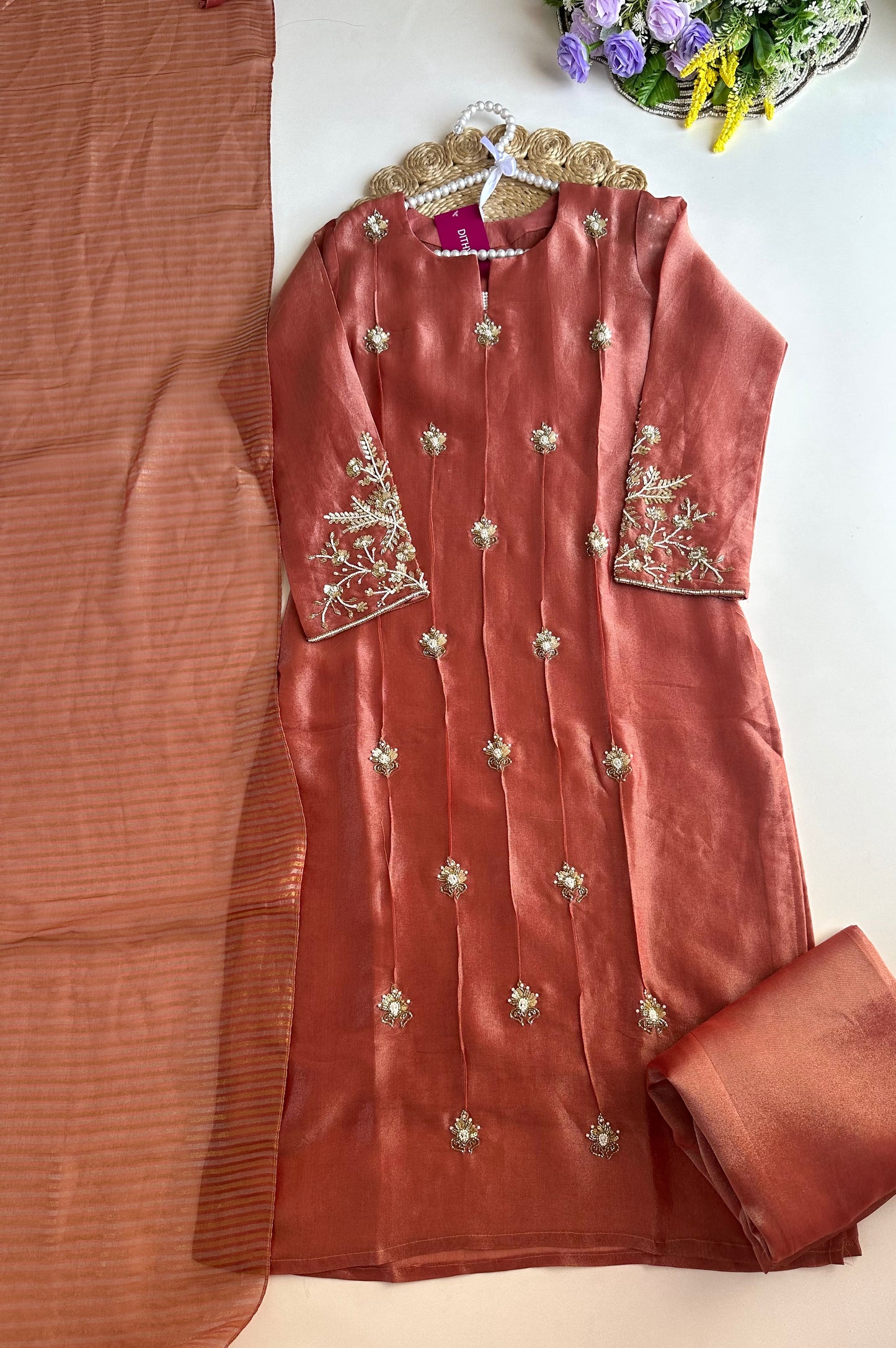 K297 - Tissue silk handwork straight kurti with pants and dupatta