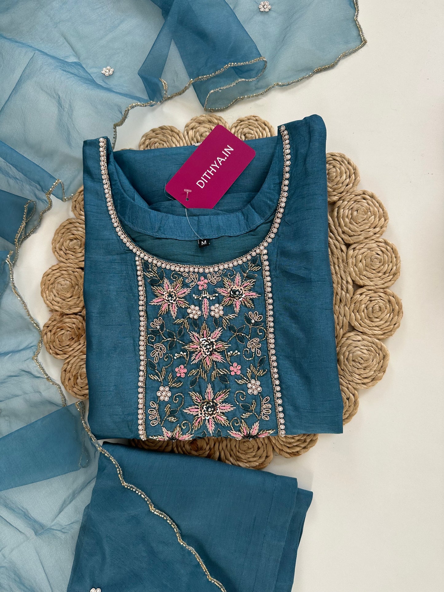 K231-Dola silk handwork straight Kurti with pants and dupatta in 2 colours