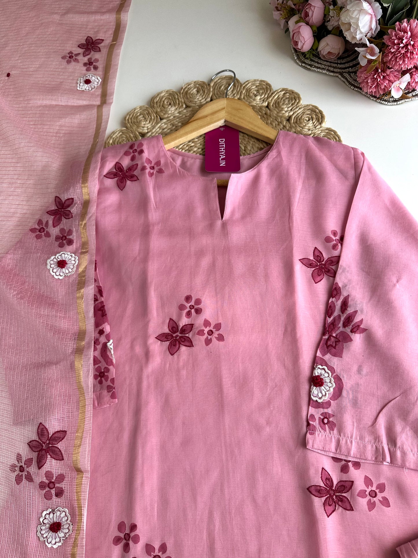 K163 - Mul Chanderi appliqué work Aline Kurti with pants and dupatta