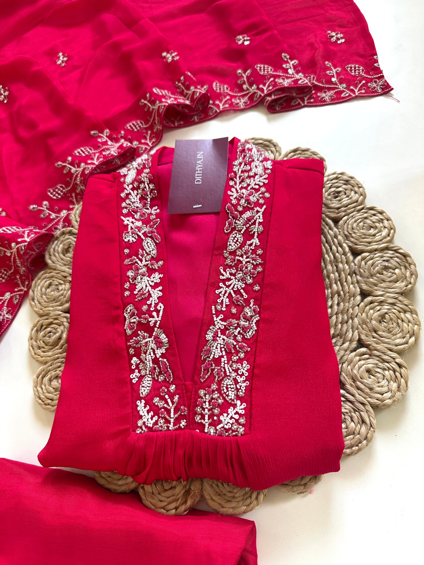 K103 - Pure chinnon Handwork Aline Kurti with pants and dupatta .
