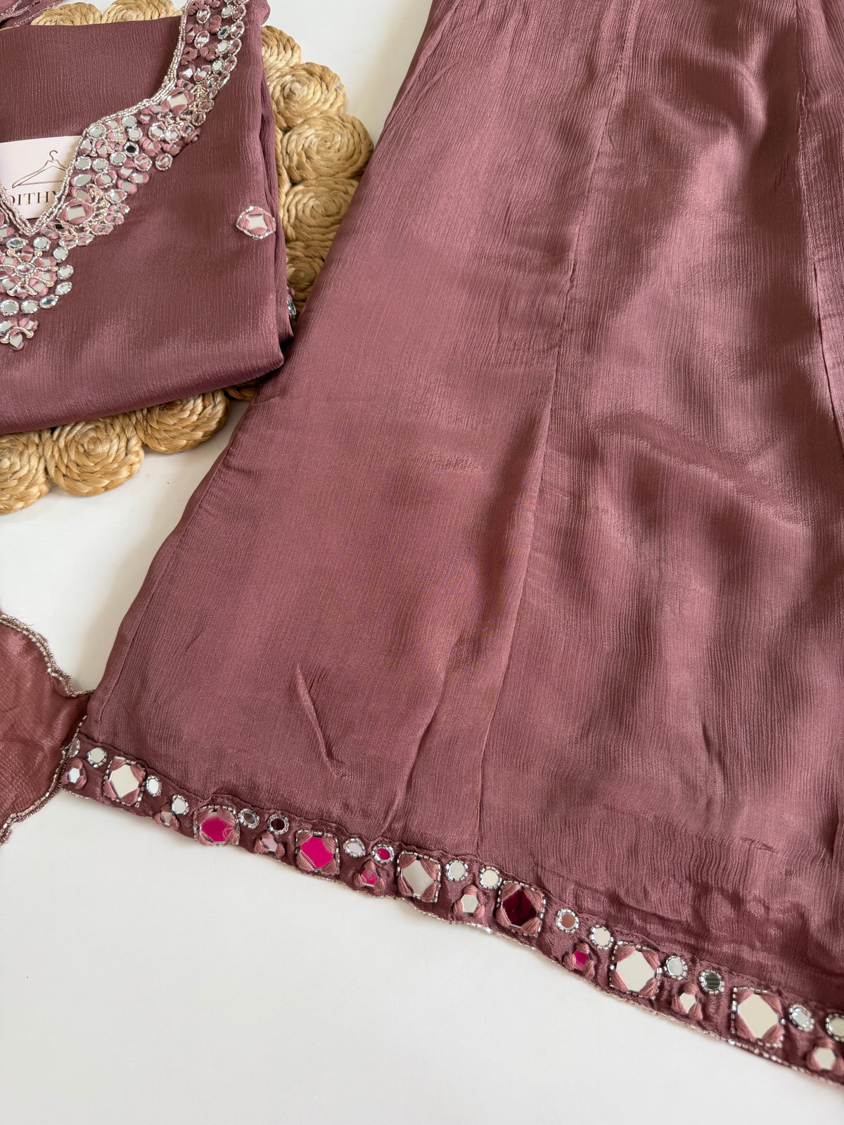 K204 - Pure Chinnon mirror work short Kurti with divider pants and dupatta