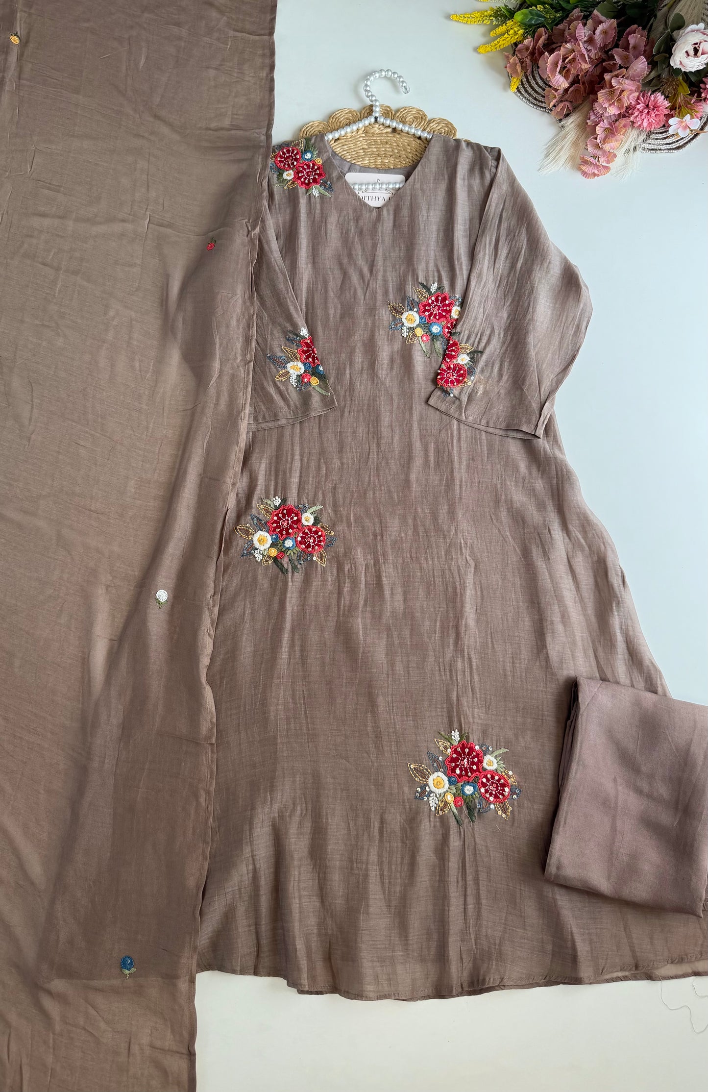 K509 - Mul chanderi embroidered aline Kurti with pants and dupatta