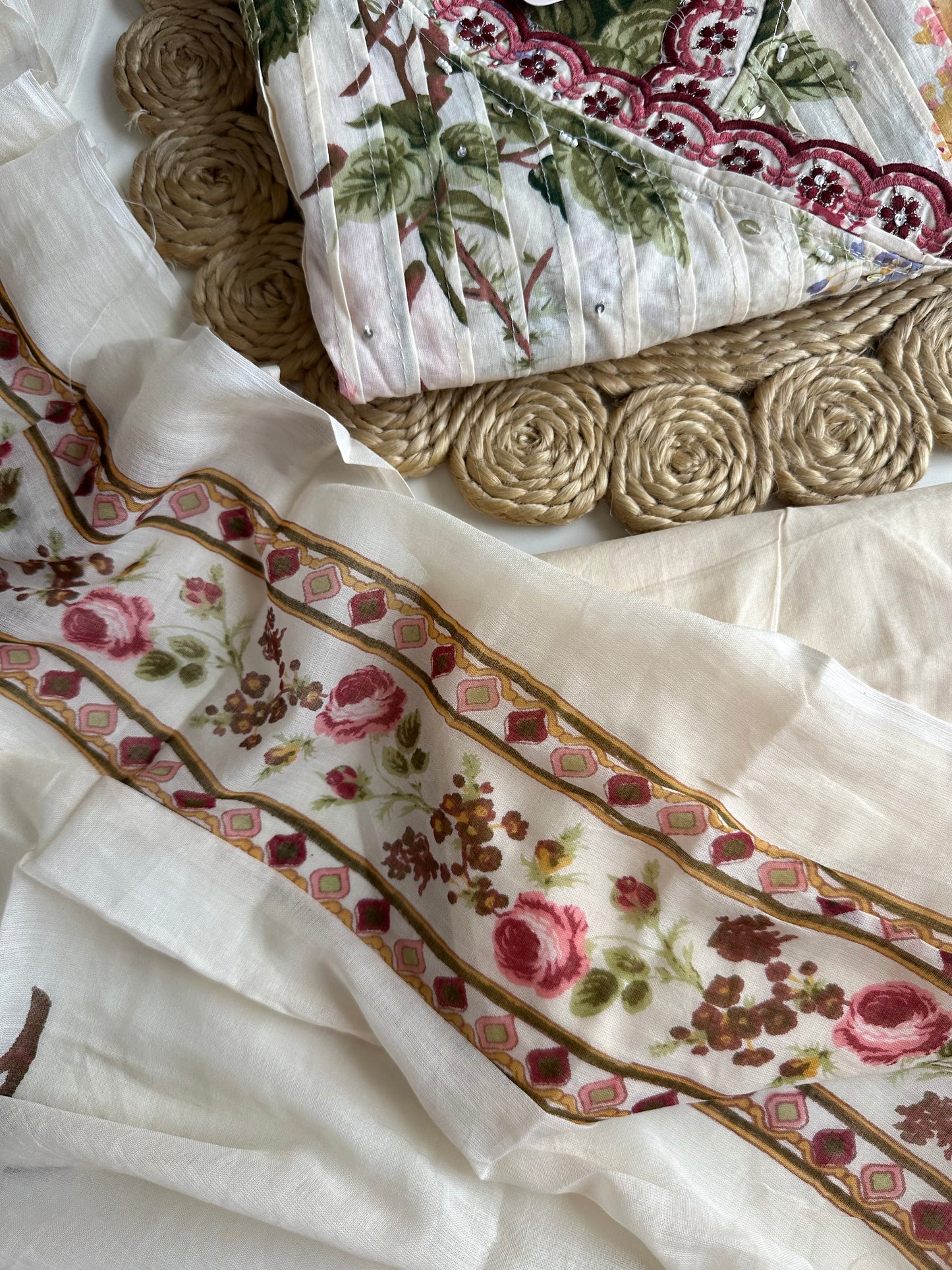 K465 - Mul cotton pleated floral Aline Kurti with pants and dupatta