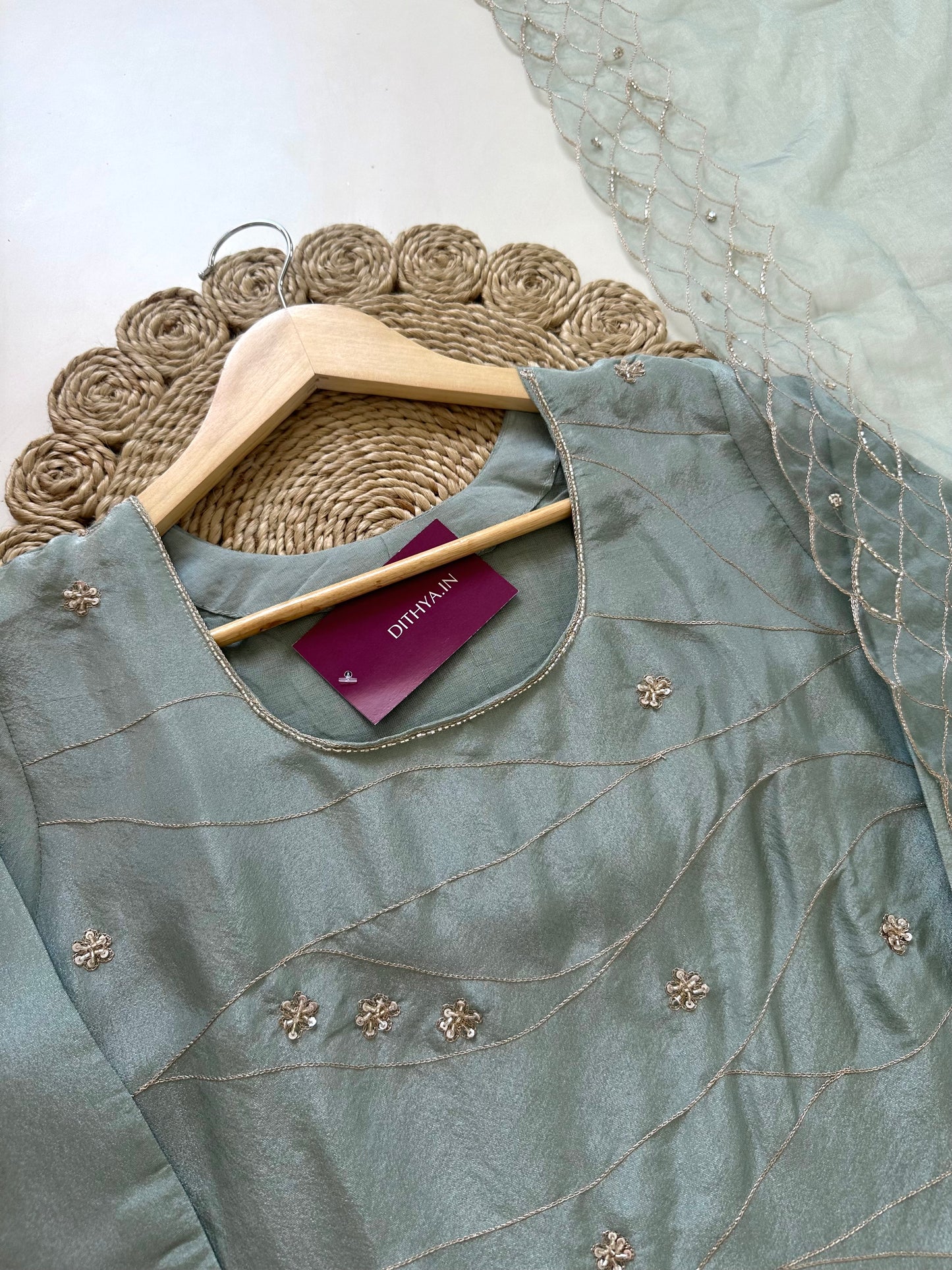K131 - Tissue silk Zari handwork straight kurti with pants and dupatta .