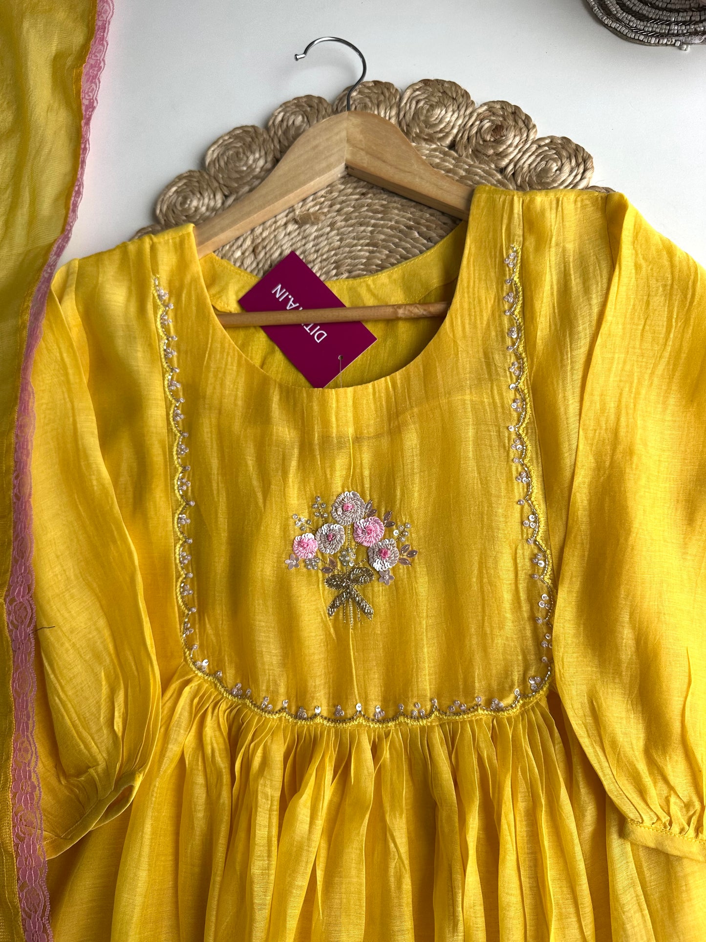 K348 - Mul Chanderi Handwork Anarkali with pants and doriya dupatta