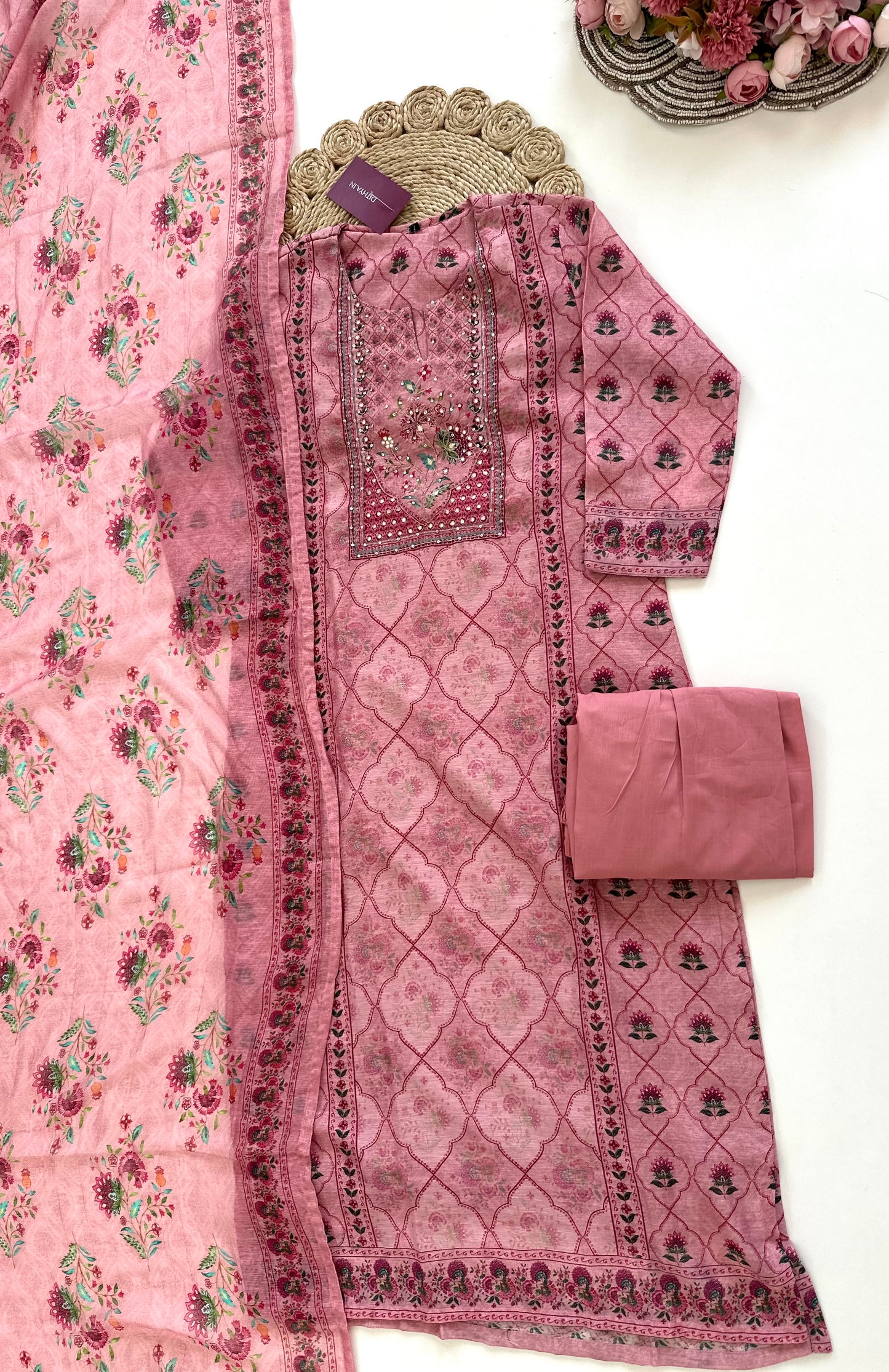 K027 - Soft chanderi handwork straight Kurti with  pants and dupatta in 2 colours