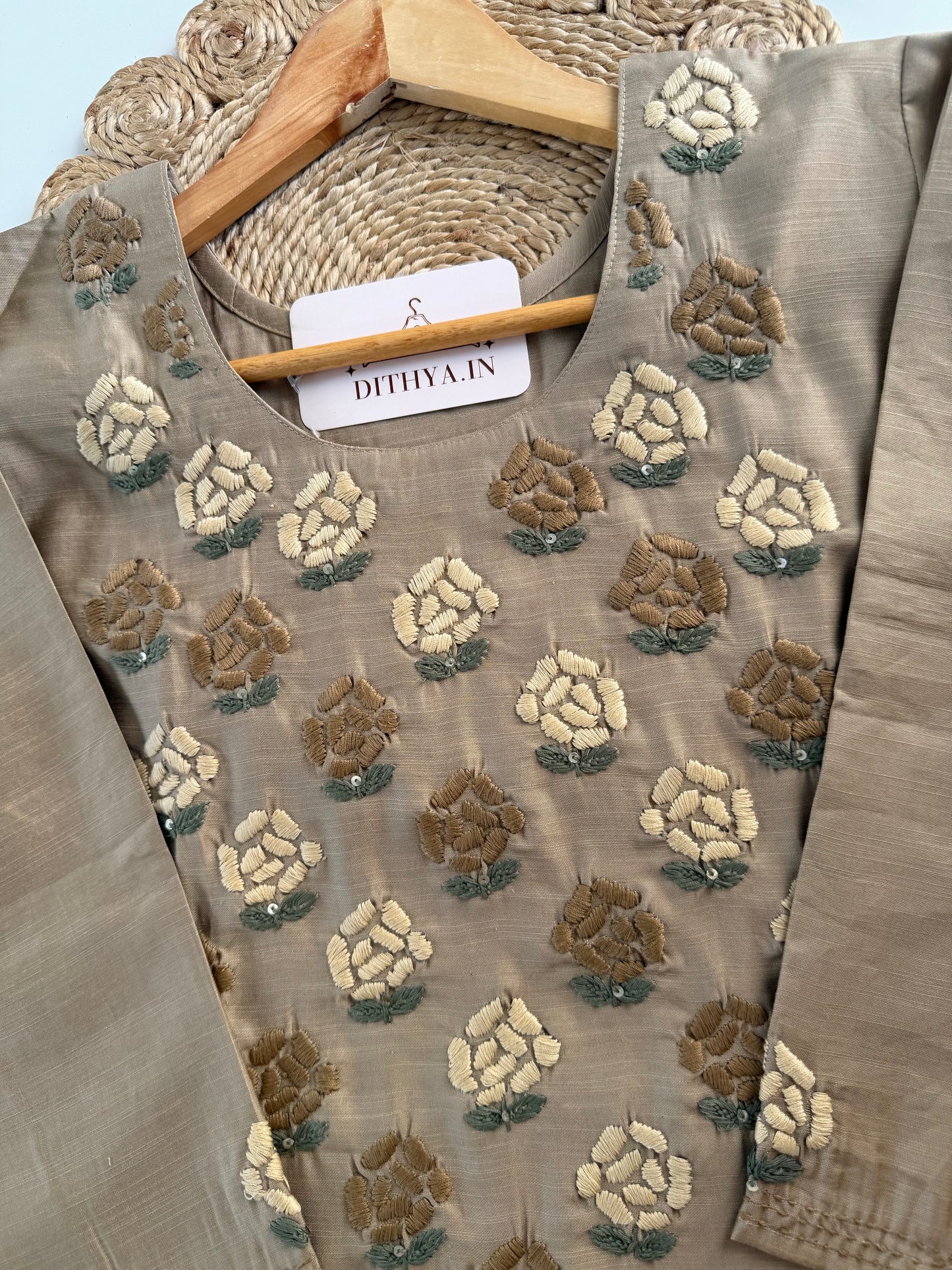 K114 - Mul cotton embroidered straight Kurti with pants