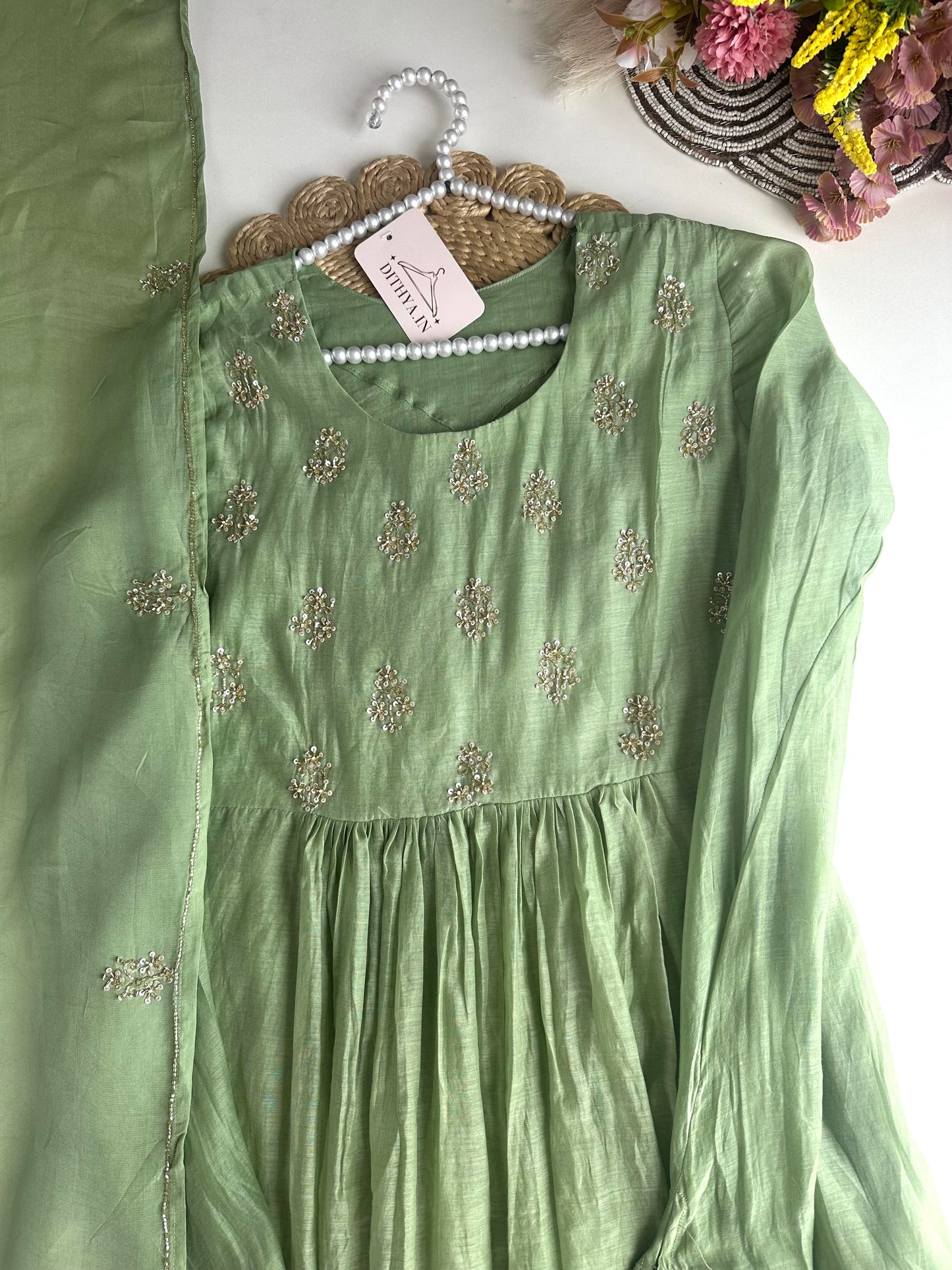 K347 - Mul Chanderi handwork Anarkali with pants and dupatta