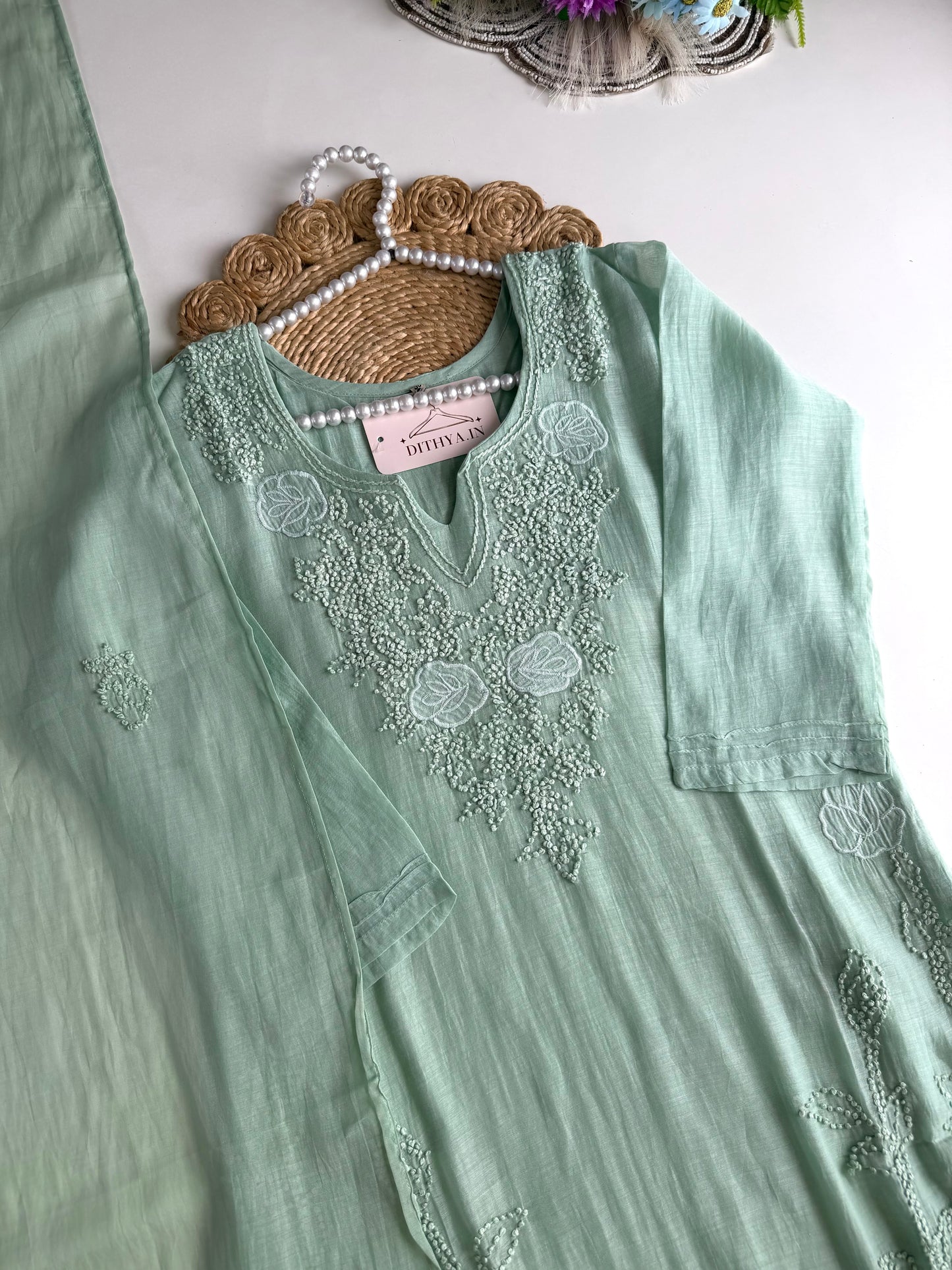 K010 - Mul chanderi embroidered straight Kurti with pants and dupatta