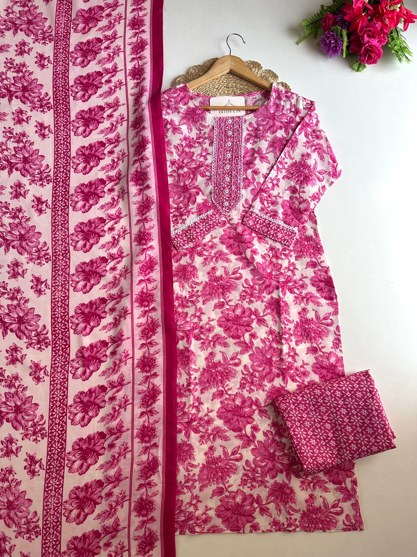 K213 - Cotton embroidered straight Kurti with pants and dupatta