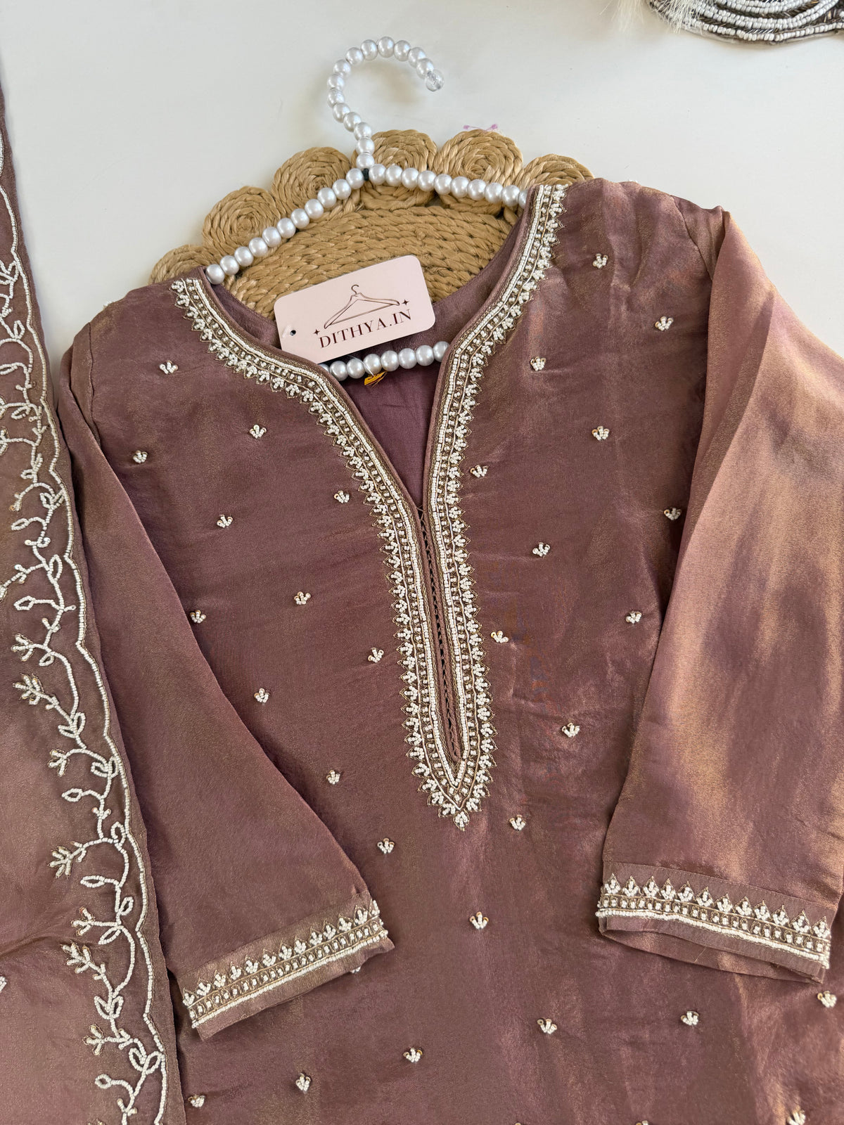 K602 - Tissue silk pearl work straight Kurti with pants and dupatta in 2 colours
