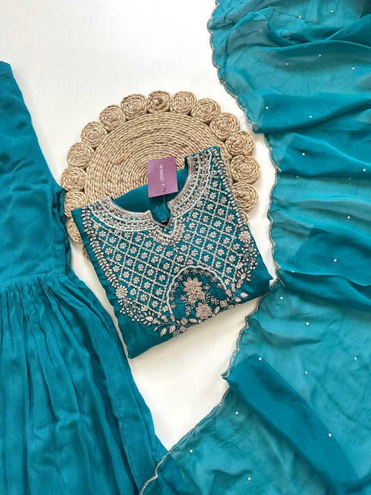 K251 - Russian silk Handwork Short kurti with sharara and dupatta