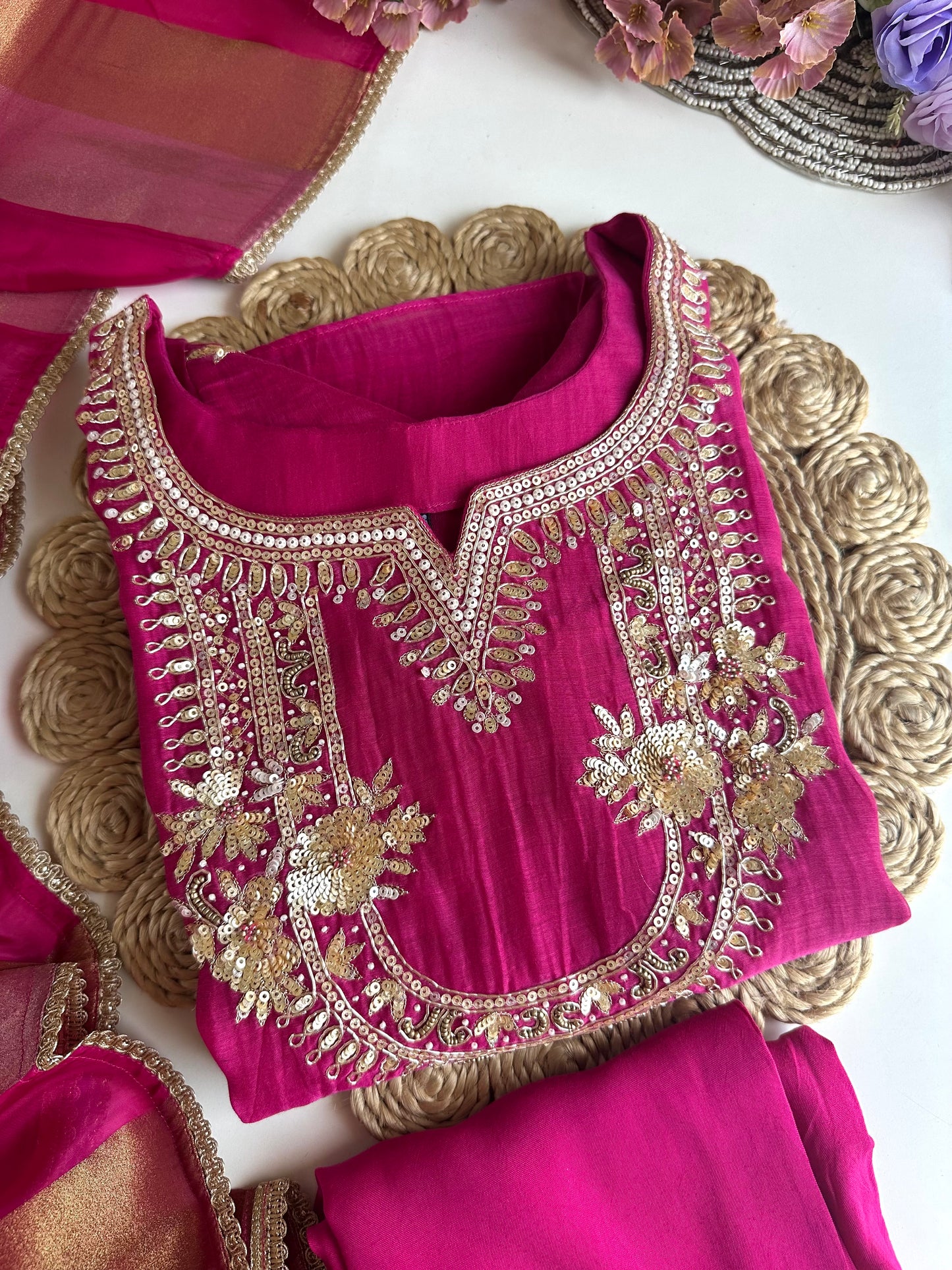 K442 - Mul Chanderi handwork Aline Kurti with pants and dupatta