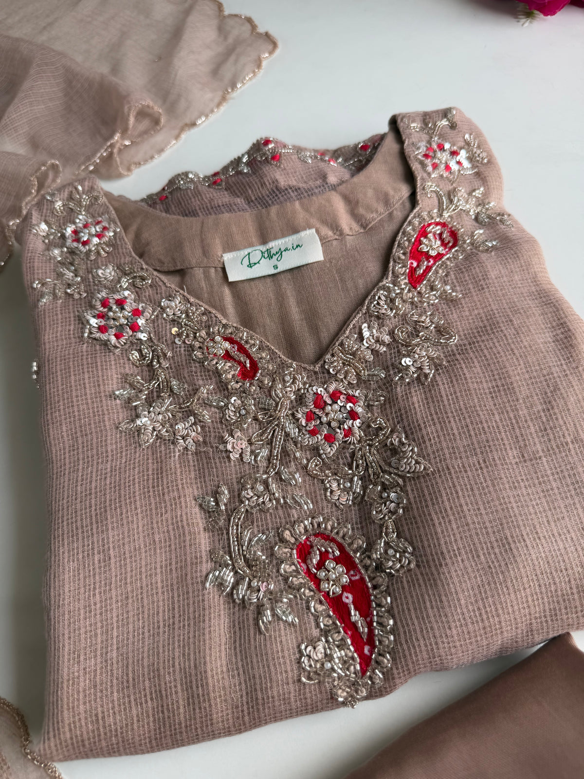 K229 - Kota doriya handwork aline Kurti with pants and dupatta in 3 colours