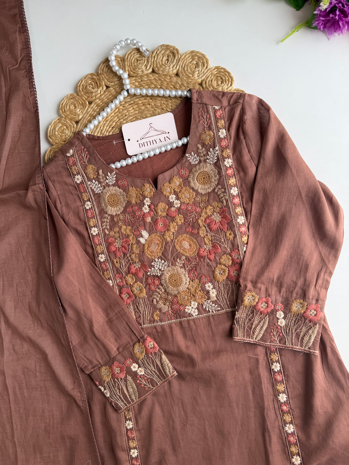 K657 - Mul cotton embroidered straight Kurti with pants and dupatta
