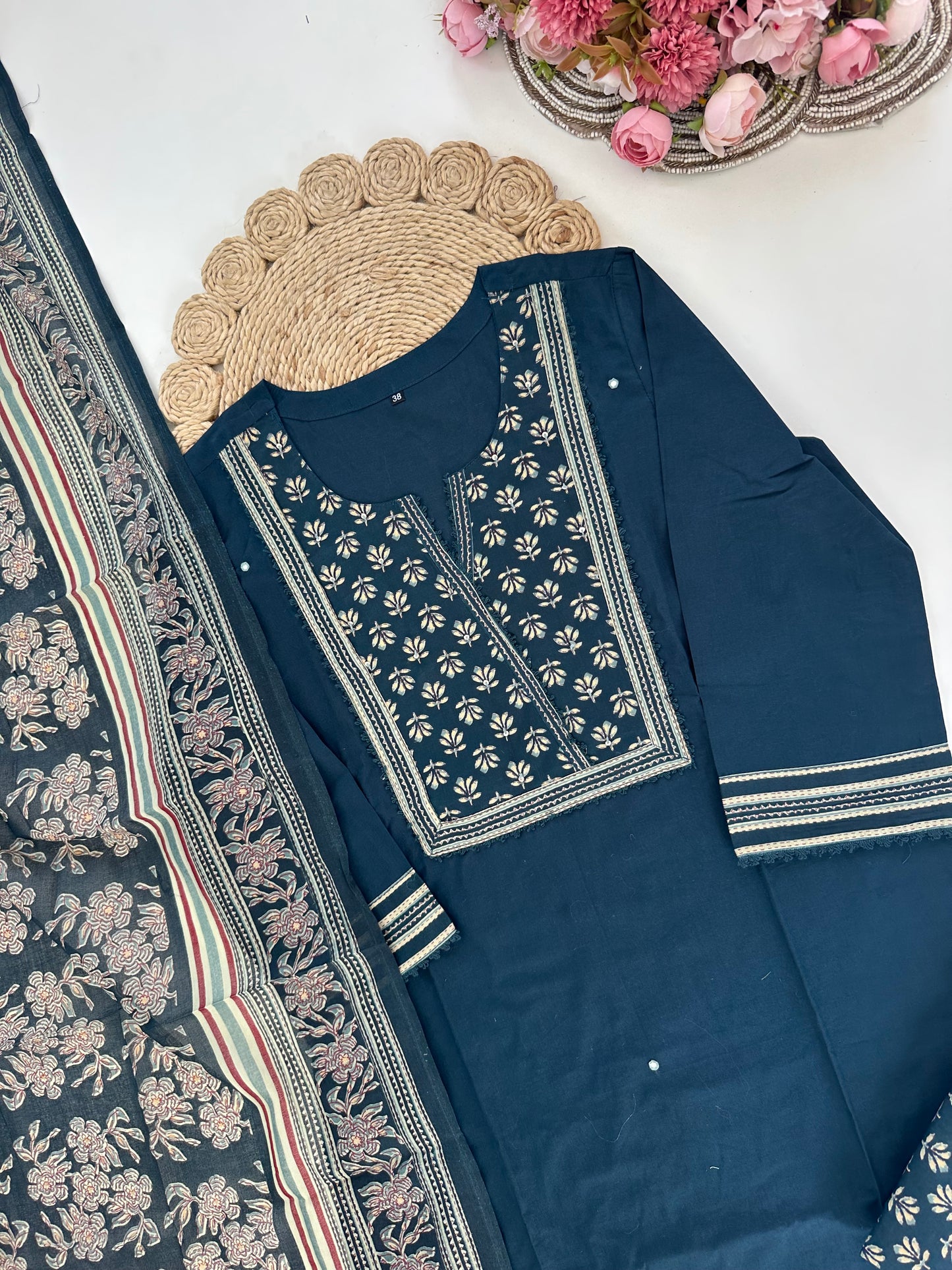 K281 - Cotton printed straight Kurti with pants and dupatta