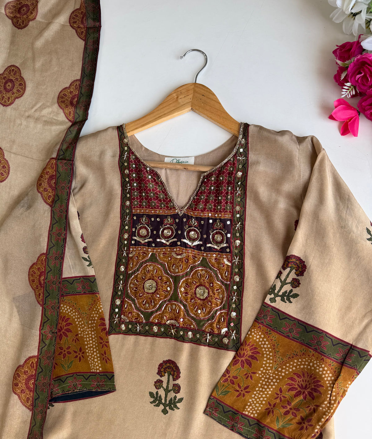 K248 - Pure crape handwork Ajrakh print straight Kurti with pants and dupatta