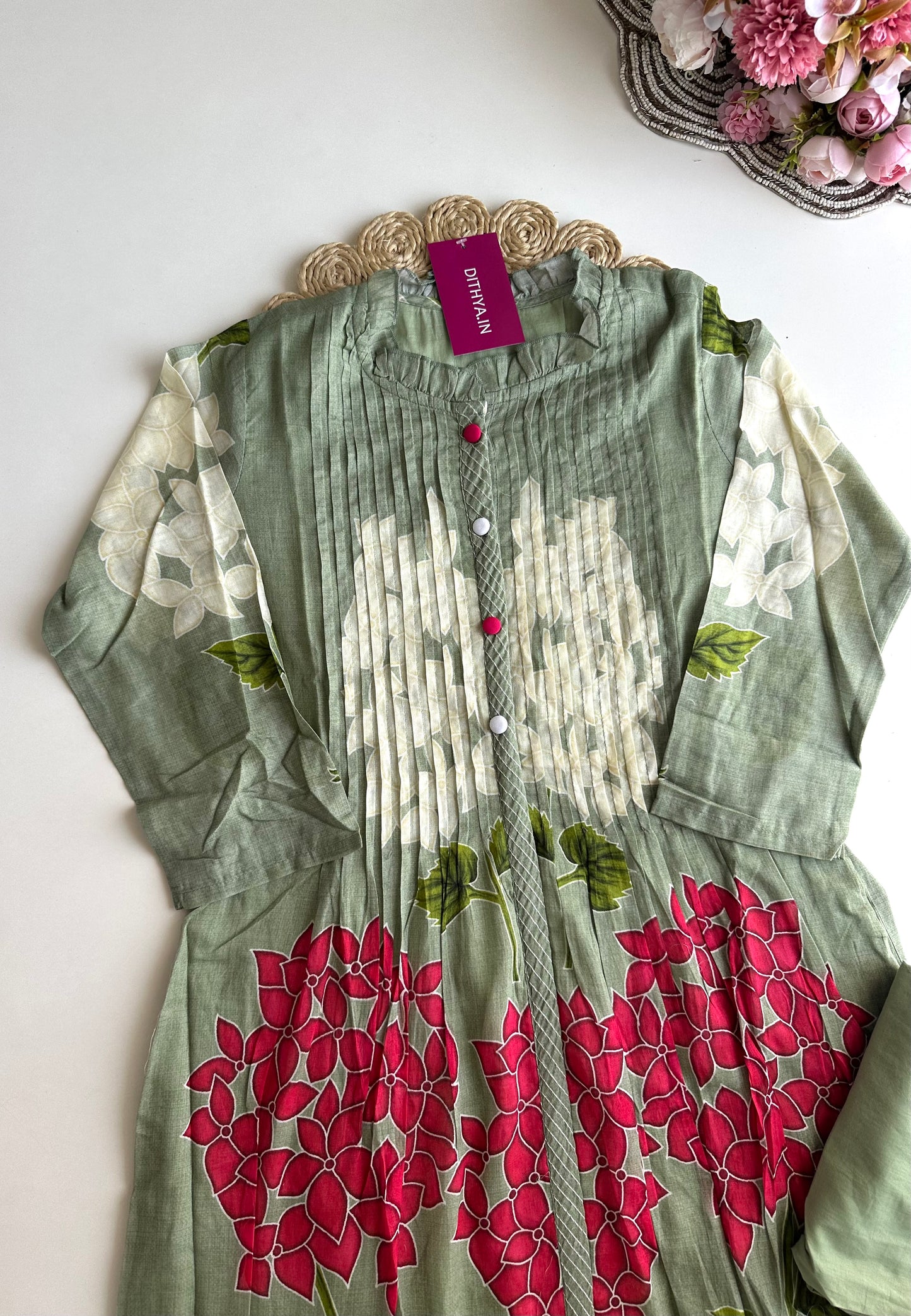 K367 - Cotton pintex floral Aline Kurti with pants