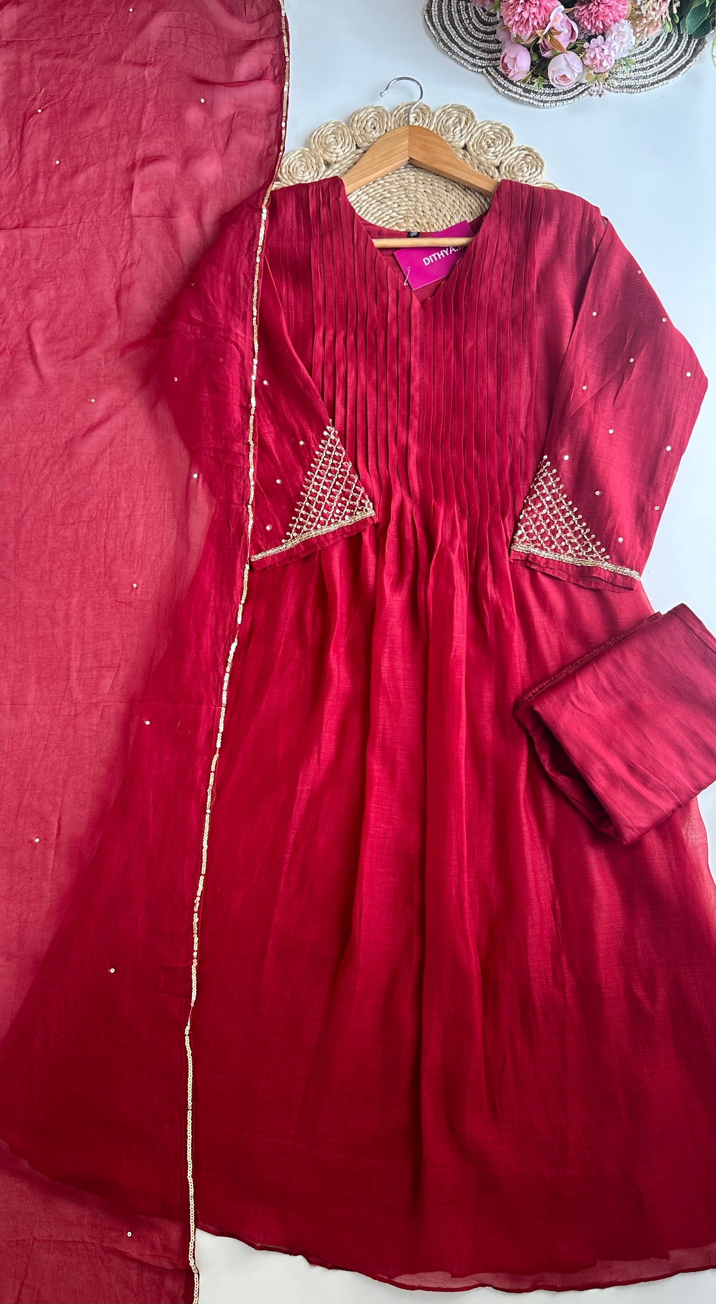 K395 - Mul Chanderi Handwork Aline Kurti with pants and dupatta